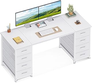 Coleshome Schreibtisch mit 8 Stoff Schubladen, 140x48cm Schreibtisch Weiß mit Stauraum Computertisch Vielseitig, Bürotisch PC Tisch Officetisch für Büro, Wohnzimmer, Home Office
