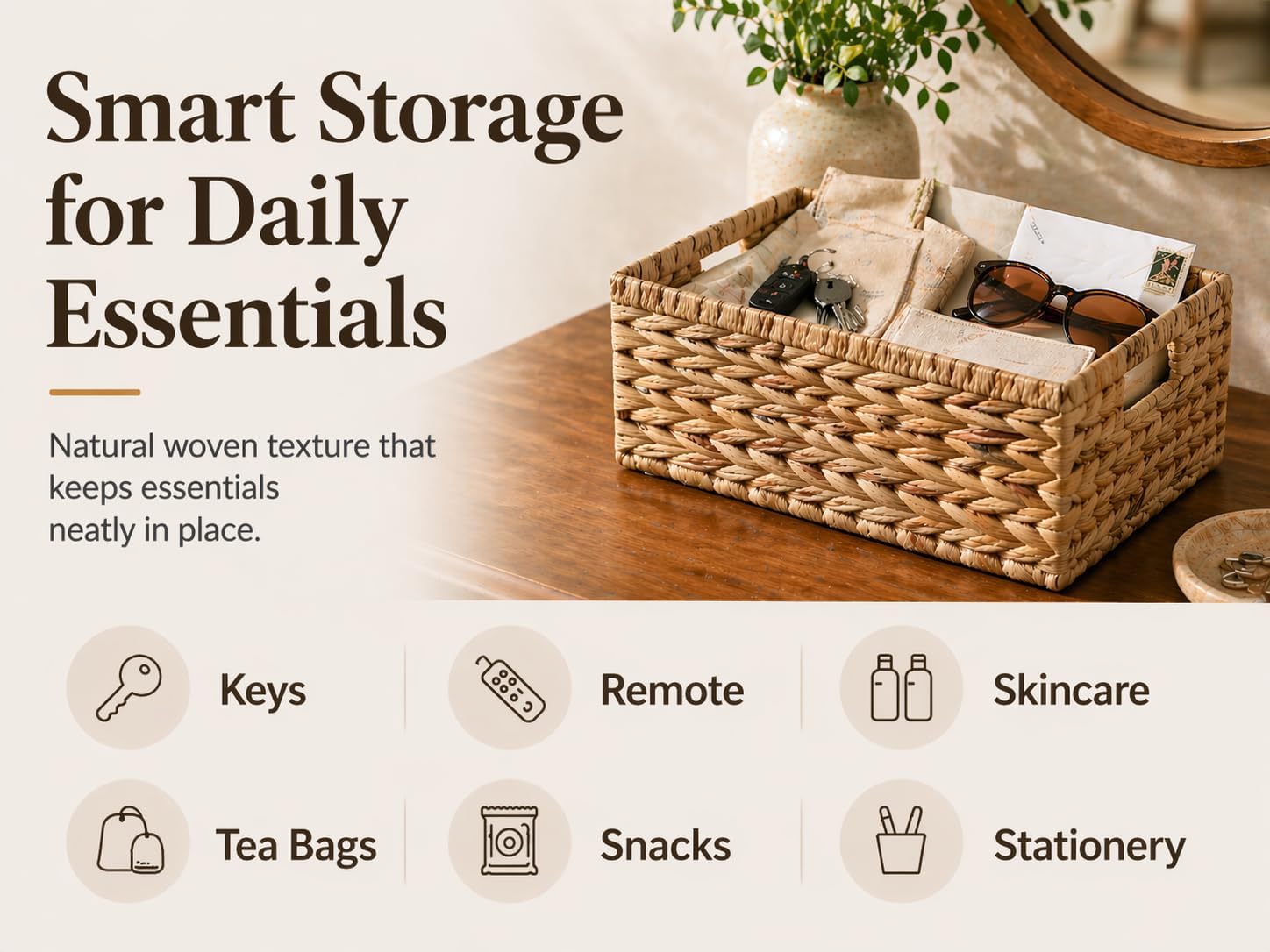 Wicker Storage Basket, Water Hyacinth Basket for Organizing, Rectangular Wicker Storage Baskets for Shelves, Small Wicker Basket with Built-in Handles, Natural, 12.6 x 8.66 x 6.3 Inch