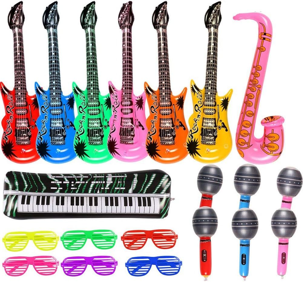 20 Pack Inflatable Rock Star Toy Set Music Instruments Party Props 6 Inflatable Guitars, 6 Inflatable Microphones, 6 Shutter Shading Glasses, 1 Inflatable Piano and 1 Inflatable Saxophone