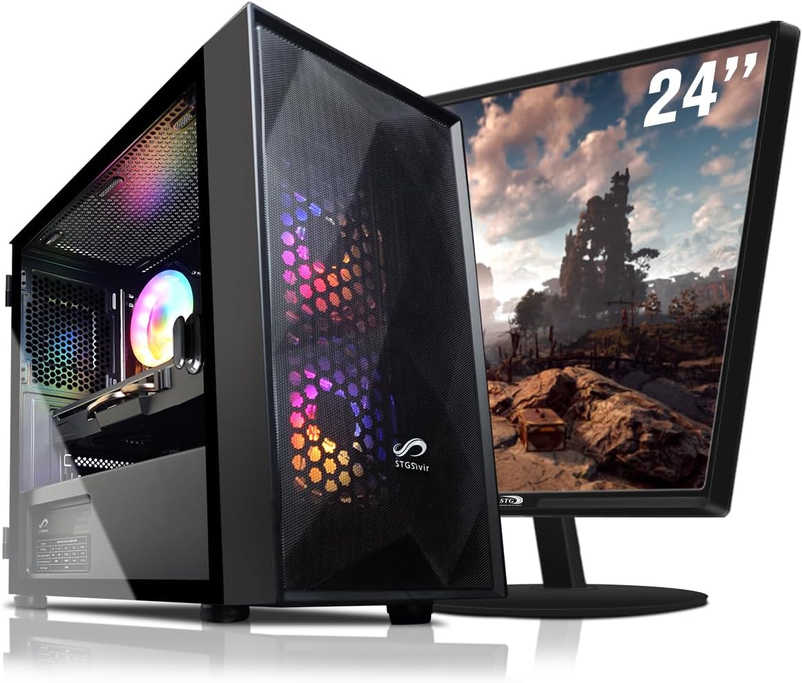 STGsivir Gaming PC Bundle, Gaming Desktop Computer, 24″ Monitor, Intel Core i7 3.4-3.9GHz, RX 580 8G, 16GB RAM, 1TB SSD, 600M WiFi, BT 5.0, Black RGB Gaming Case, Windows 10