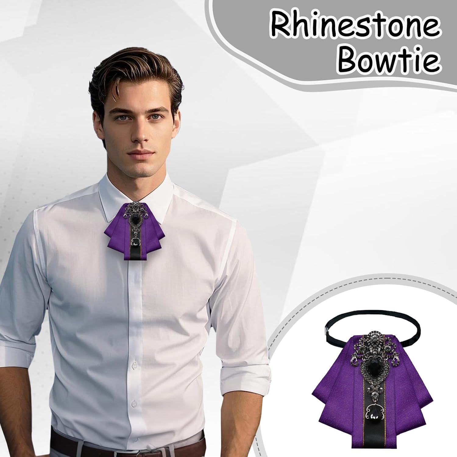 Bow Ties for Men and Women, Pre-tied Rhinestone Bowtie Sparkling Adjustable Clip on Bow Tie for Wedding Party Daily