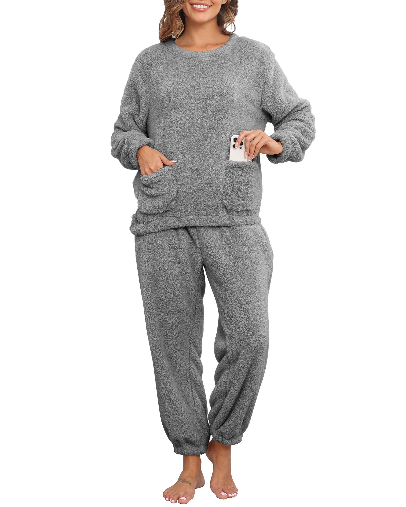 YutdengWomens Winter Pyjamas Set Fleece Fluffy Loungewear Set Long Sleeved  Crew Neck Tops and Pants Unisex Soft Nightwear with Four Pockets Fleece