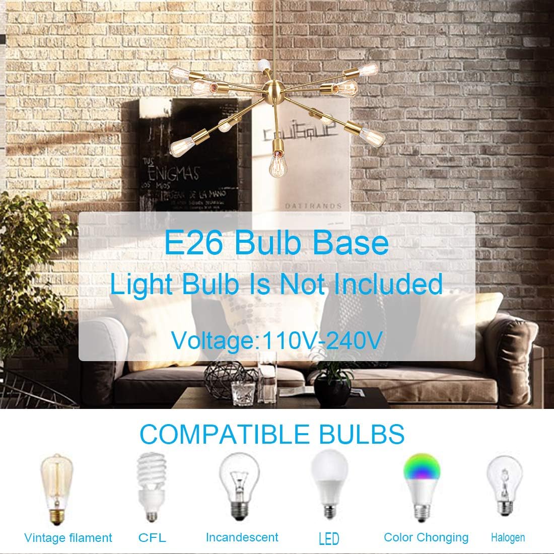 Modern Brass Sputnik Chandelier 10 Light Gold Brushed Ceiling Chandeliers Fixture - - 