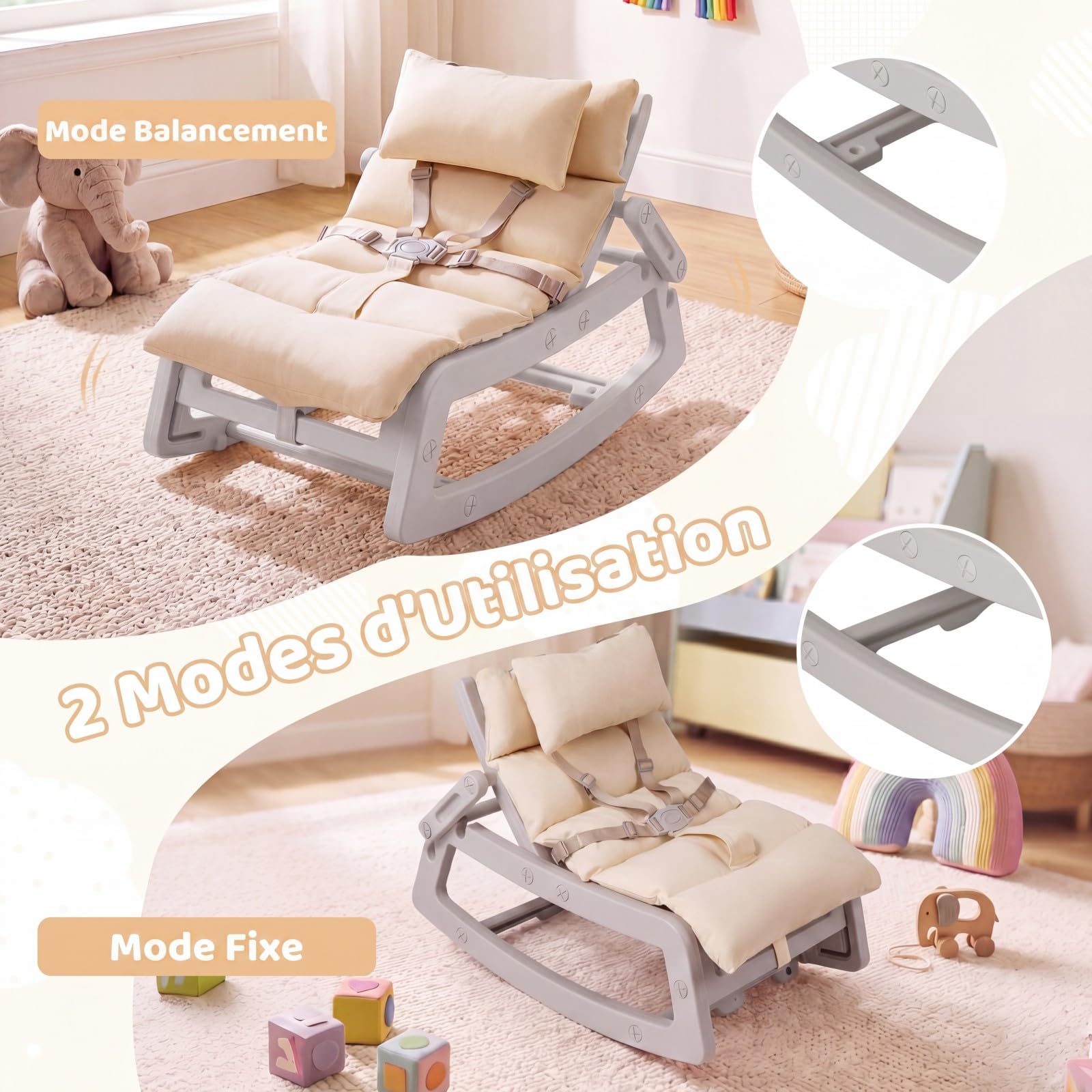 COSTWAY Fauteuil à Bascule Enfant avec Coussin et Appui-tête Amovible, Chaise à Bascule en HDPE avec Dossier Réglables, Rocking Chair pour Intérieur Extérieur, Charge 80kg pour 6 Mois+ (Gris)