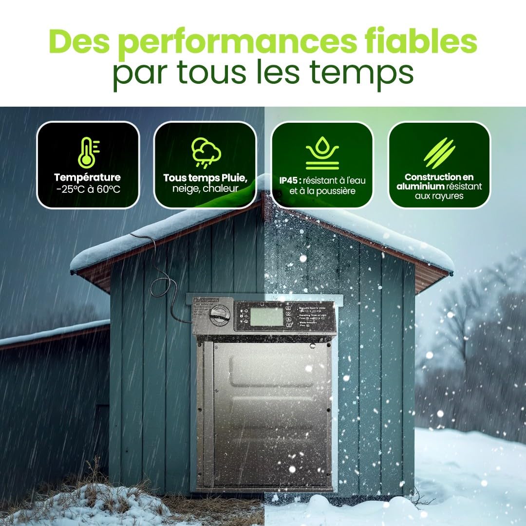 Porte Poulailler Automatique Solaire | Température & Humidité Idéales pour la Santé des Poules | Utilisation & Installation Ultra Simples | Aluminium Renforcé Tout Temps | Autonomie Longue durée