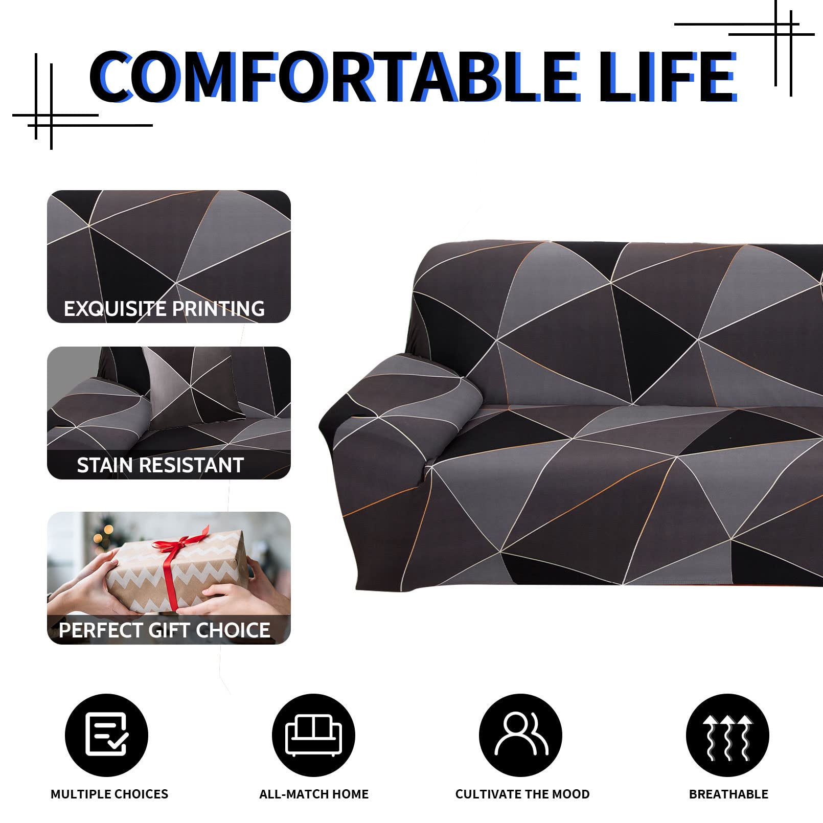 Lydevo Copridivano Elasticizzato 2 Posti Fodere Copri Divano con Braccioli con 2 Copricuscini Moderno Copridivano Fantasia Universale Antiscivolo Lavabile Divano Protector,Quadrato Nero