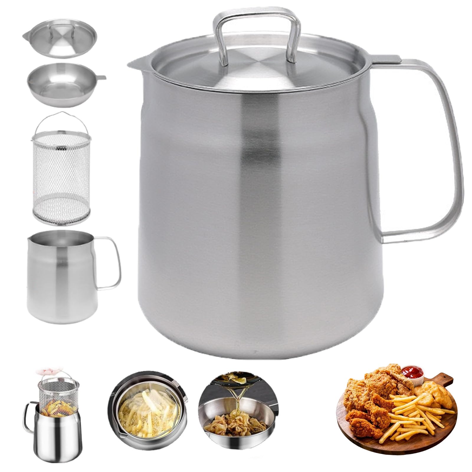 enseak Frying Pot with Basket,oil Filter Pot,Oil Strainer Pot,oil Container,Stainless Steel Oil Filter Pot with Frying Basket,Bacon Grease Container with Strainer,kitchen Household Oil Filter Kettle