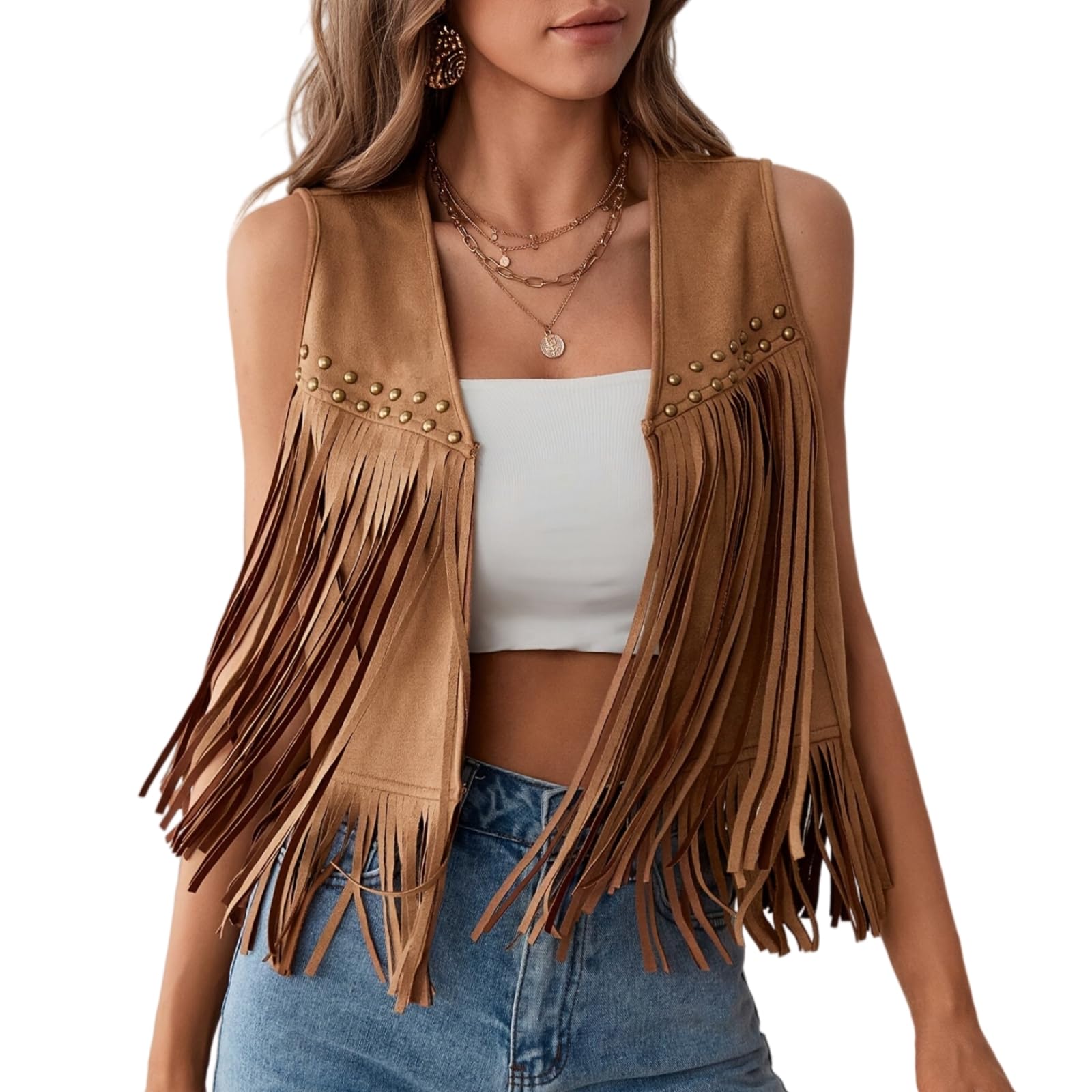 Women's Cowgirl Tassel Waistcoat, Faux Suede Sleeveless Fringe 70s Rivet Vest, Casual Open Front Cardigan Fringed Jacket, Retro Hippie Outfit for Country Concert Western Fancy Dress Rodeo Costume
