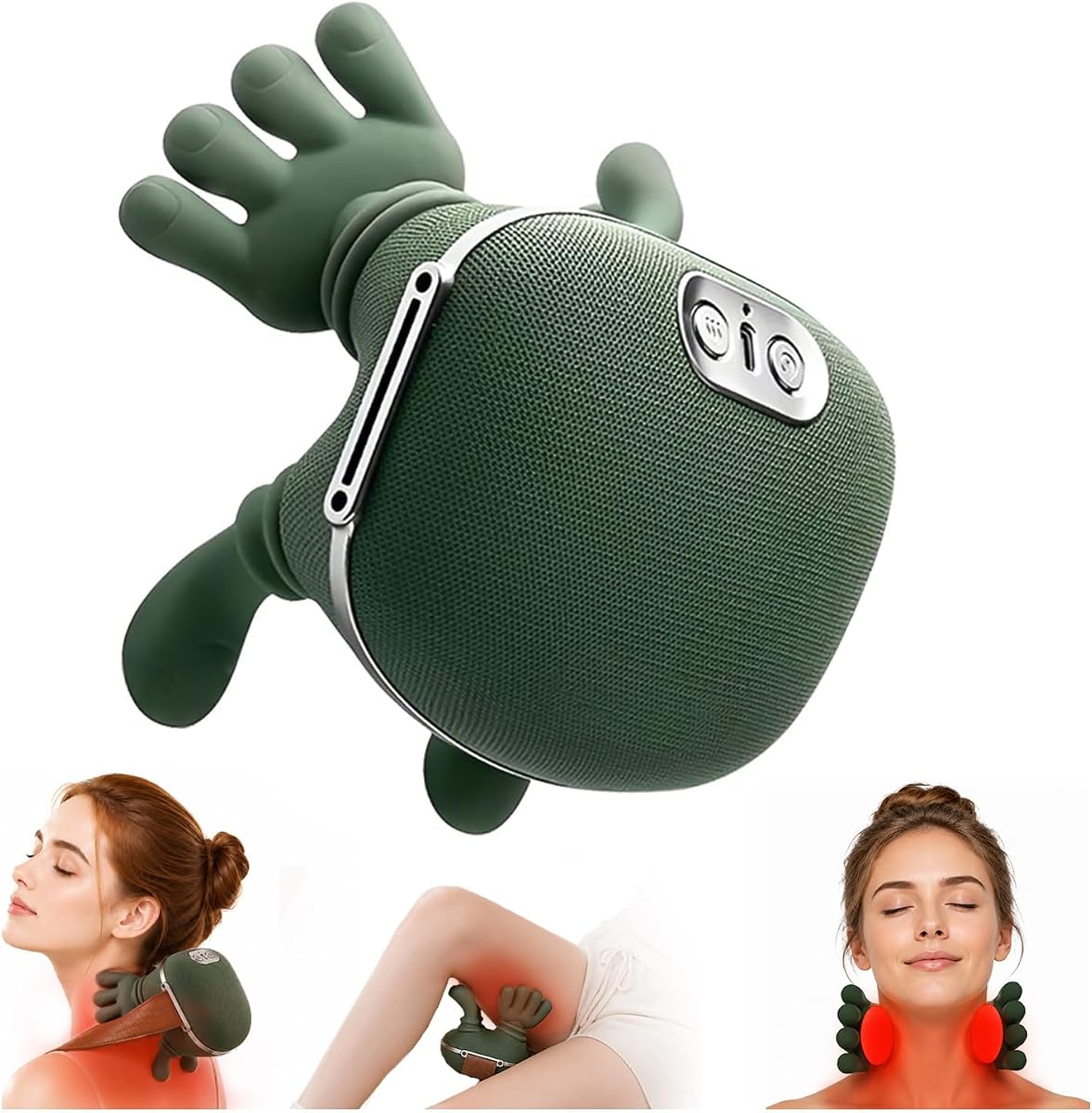 Masajeador de hombros y cuello, masajeador biónico con calefacción con dedos, masaje de amasamiento 4D, alivio del dolor de espalda y tejido profundo, verde