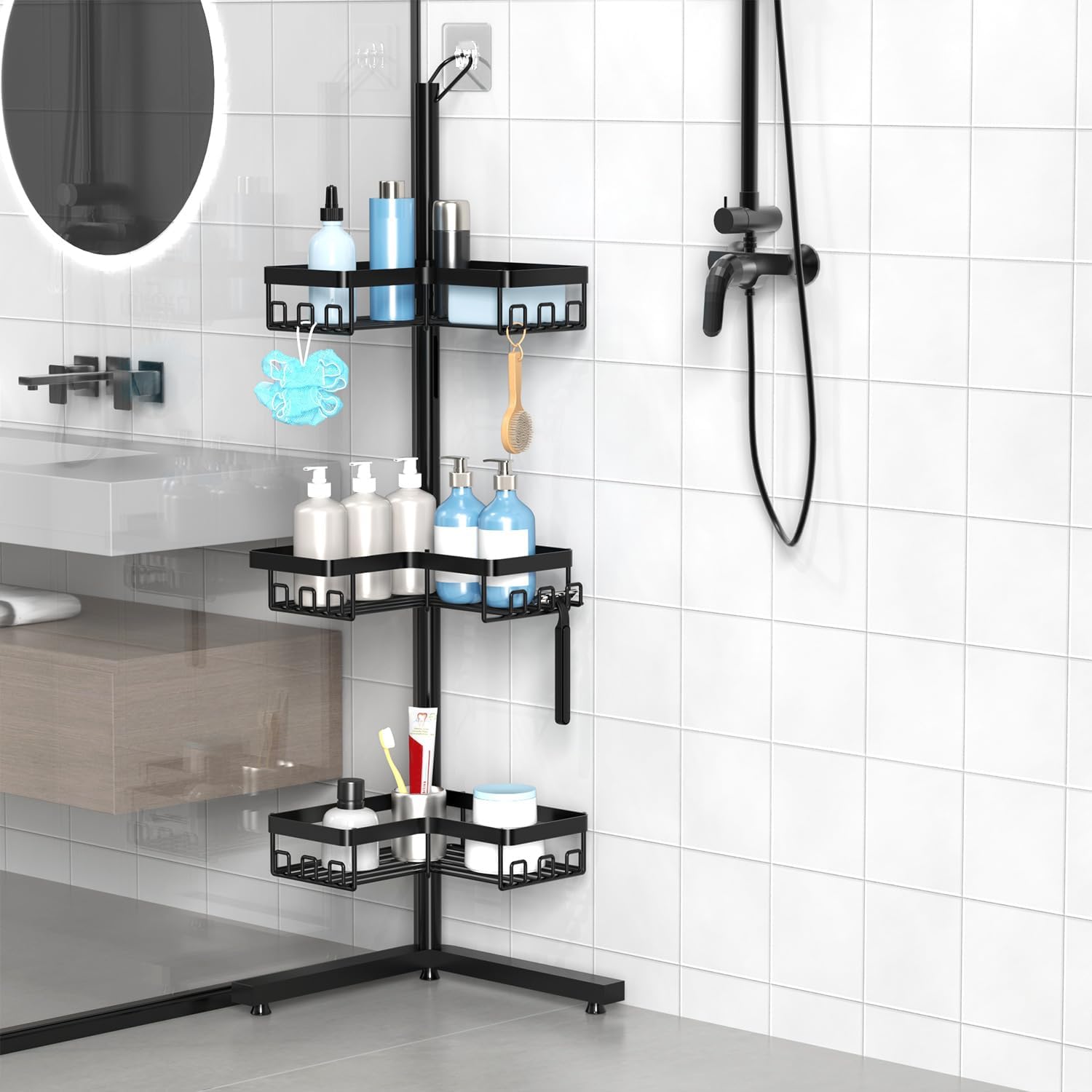 KEGII Standing Shower Caddy Corner, 3 Tier Adjustable Shelves Rustproof Floor Shower Organizer with 18 Hooks and Adjustable Feet, Bathroom Corner Shelf Rack, Black