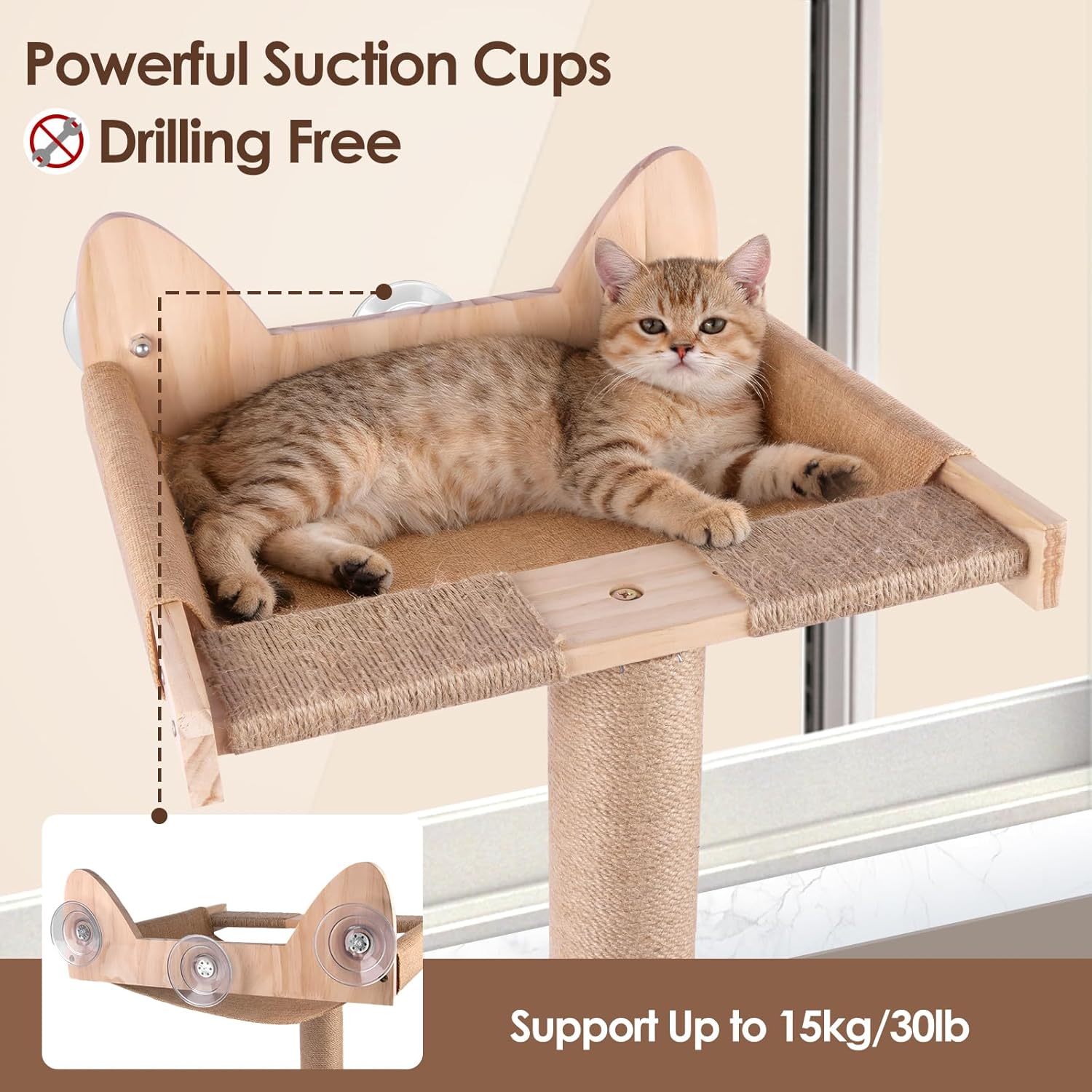 Cat Window Perch with Tall Sisal Scratching Posts, 45" Adjustable Cat Tree Hammock with 3 Strong Suction Cups, Cat Window Bed for Inside Sleeping, Playing and Birds Watching (Drilling-Free)