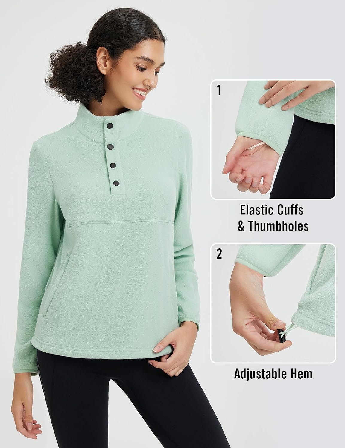 baleaf Women's 1/4 Buttom Down Fleece Pullover Thermal Long Sleeve Shirts Ski Mid Layer with Pockets Thumbhole Warm Tops