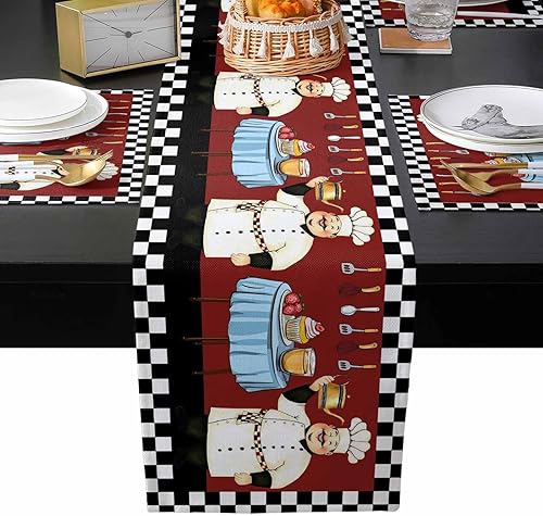 Manteles individuales con camino de mesa, camino de mesa de chef gordo y manteles individuales, juego de 4, decoración de granja de arpillera para