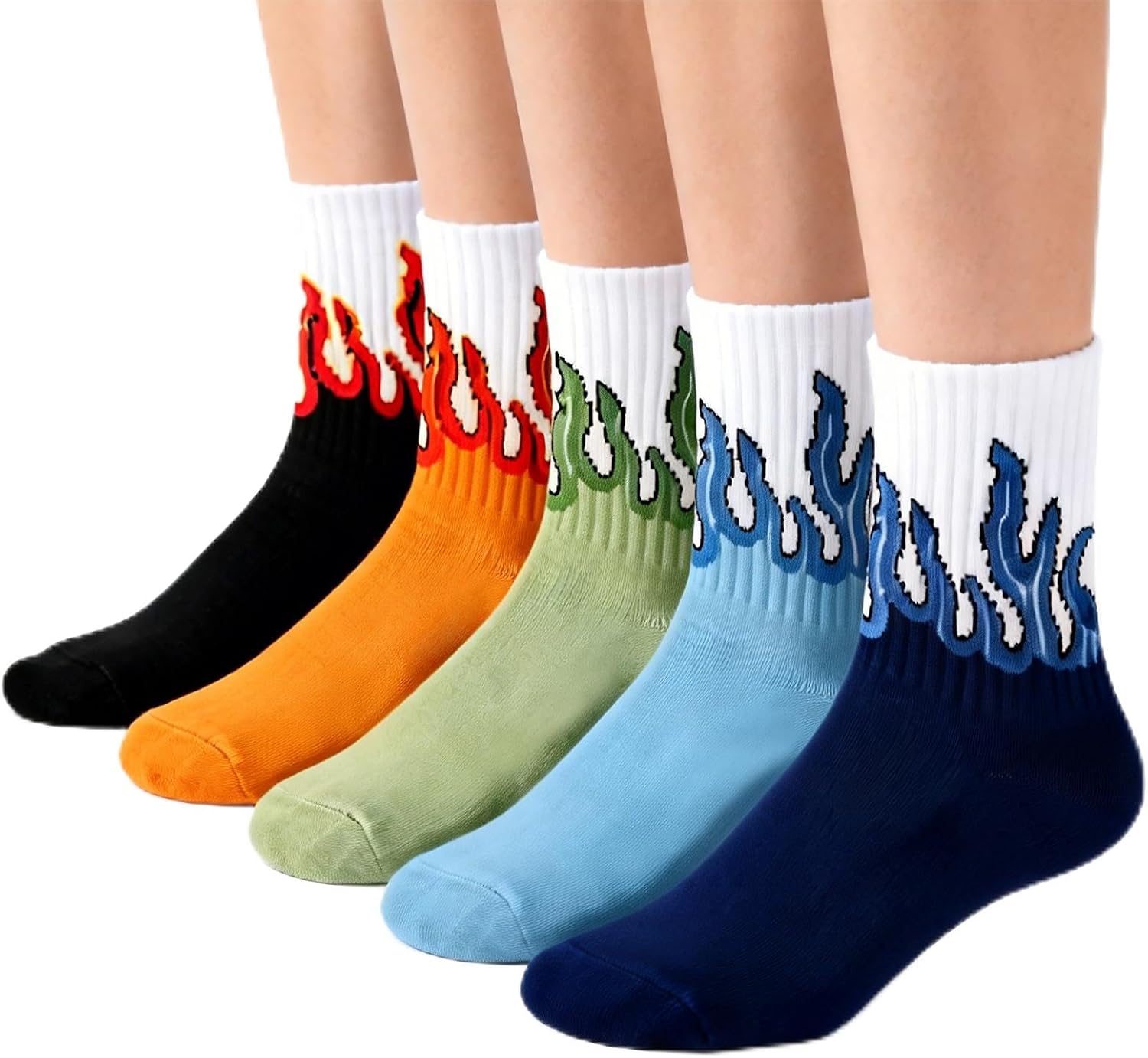 Kids' Flame Jacquard Crew Socks, Multicolor, Breathable, for Outdoor Sports, 5-Pair Set