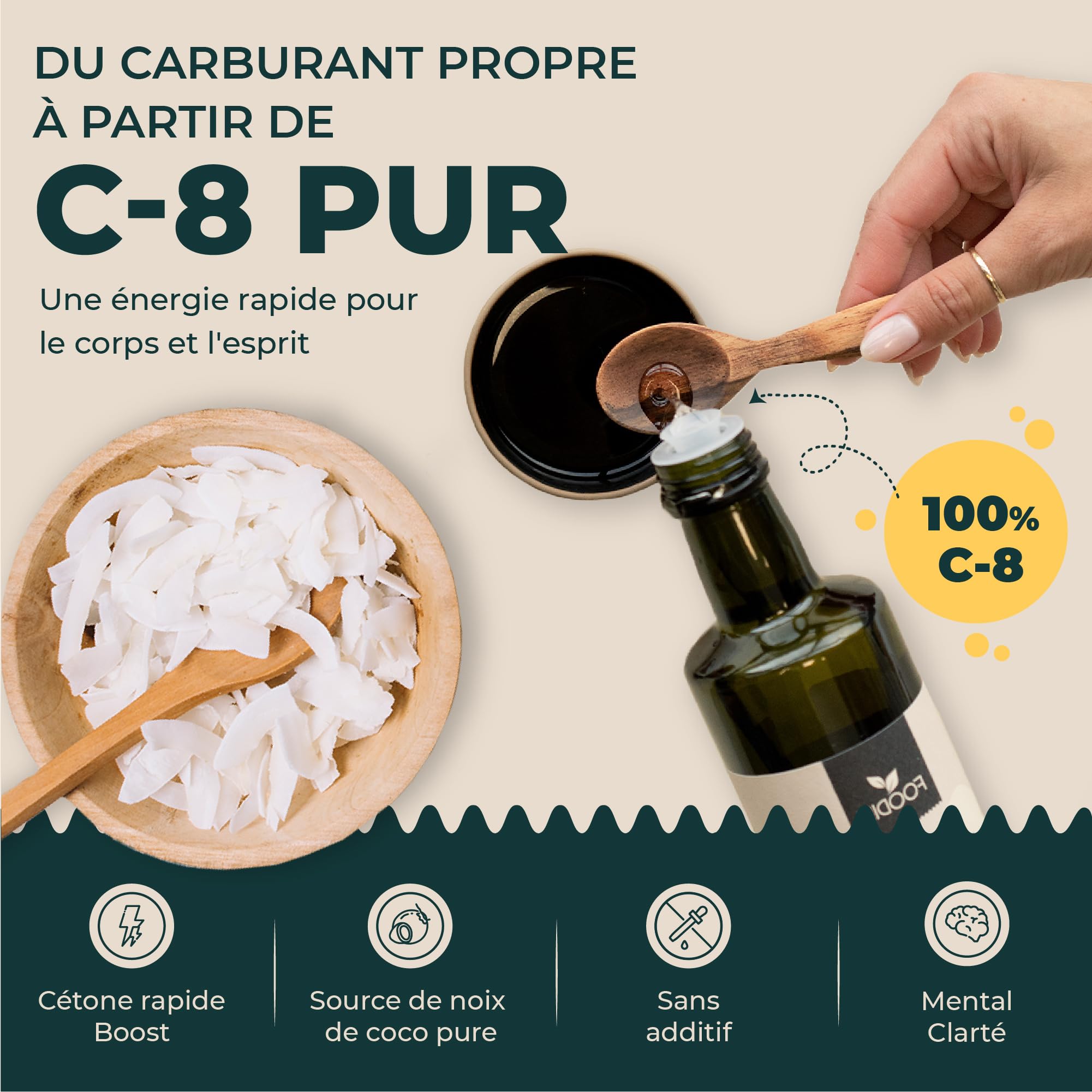 FOODIN Huile MCT C8 – 1000 ml (2 x 500 ml) – 100% C8 à base de Coco – Sans Goût – Pour Régime Cétogène – 3x Plus de Cétones