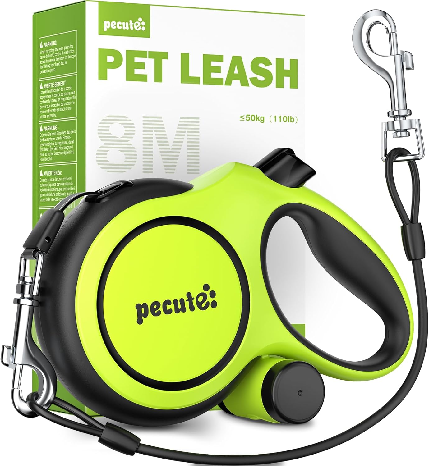 Pecute 8 Metre Extendable Dog Leash, Lead for 15-50 kg, with Anti-Bite Rope 46 cm, Hygienic Bags and Bag Holder | 360° Anti-Tangle | Dog Walking, Training, Rainy Days, Green 2