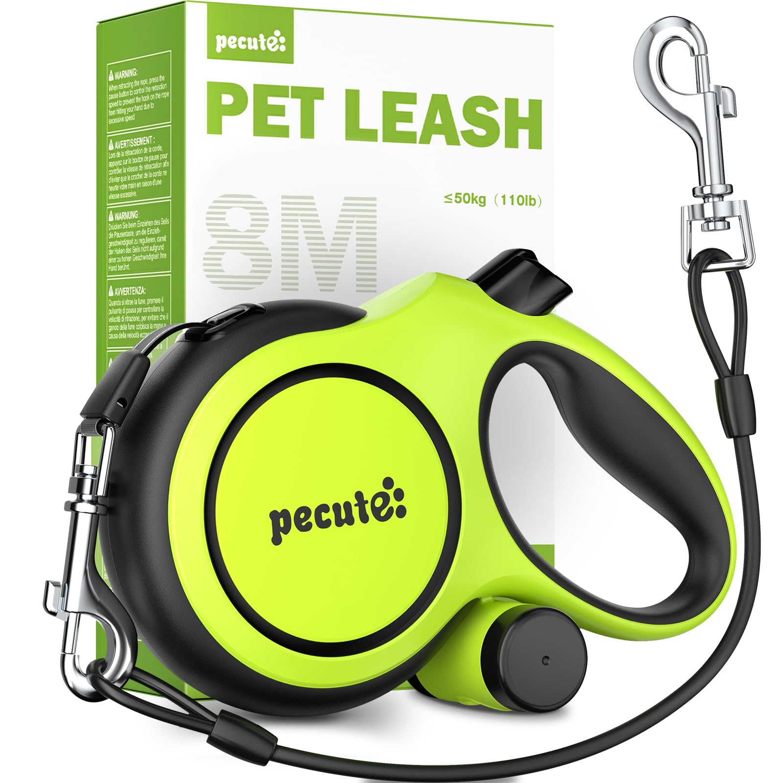 Pecute Guinzaglio per Cani Allungabile 8 metri con Corda Anti-morso da 46 cm, Guinzagli Retrattili con Sacchetti Igienici e Porta Sacchetti|Per Passeggiate/Addestramento/Pioggia, fino a 15-50 kg,Verde