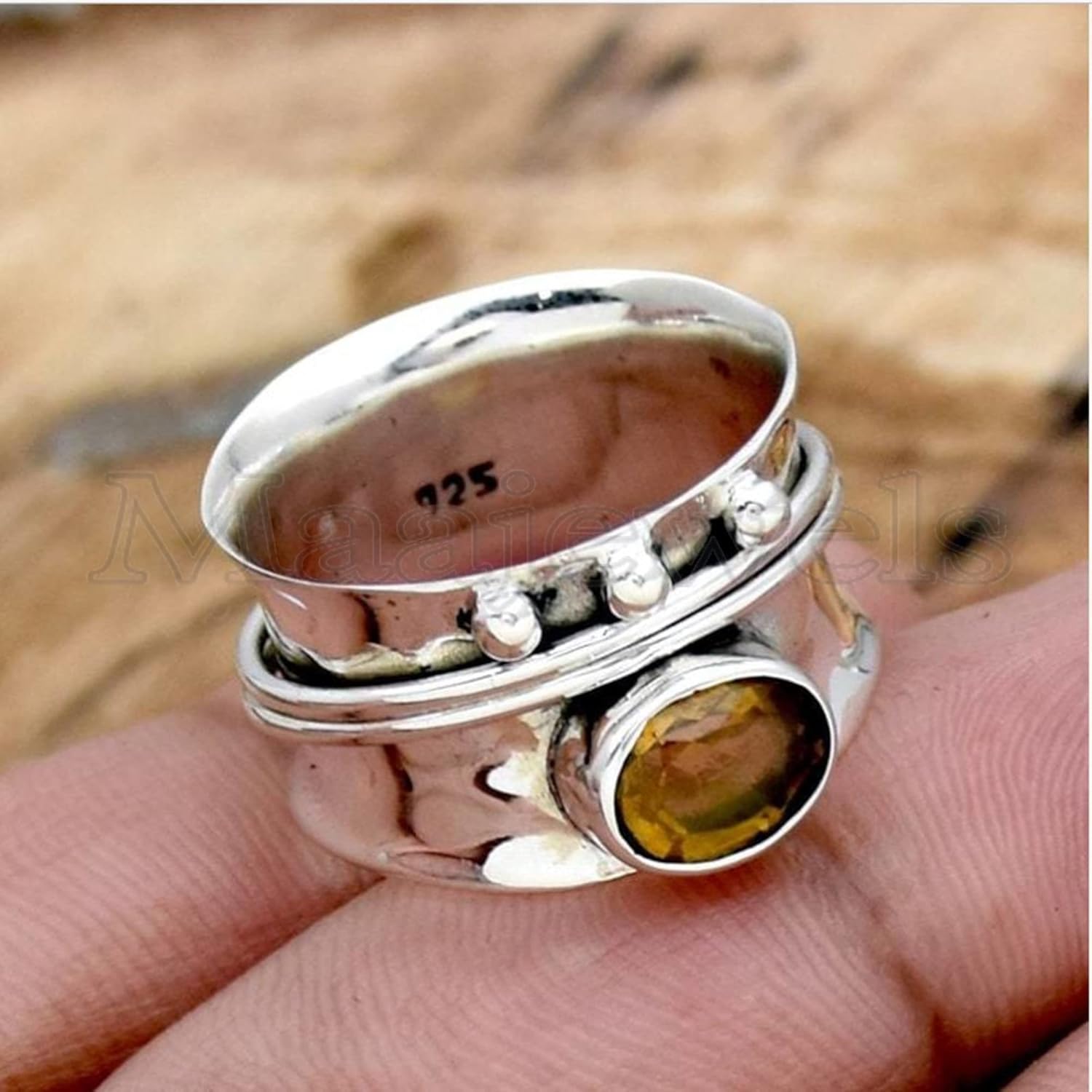 Gemstone Spinner Ring for Women, 925 Sterling Silver Boho Meditation Band with Amethyst, Moonstone, Opal, Garnet, Gift for Her