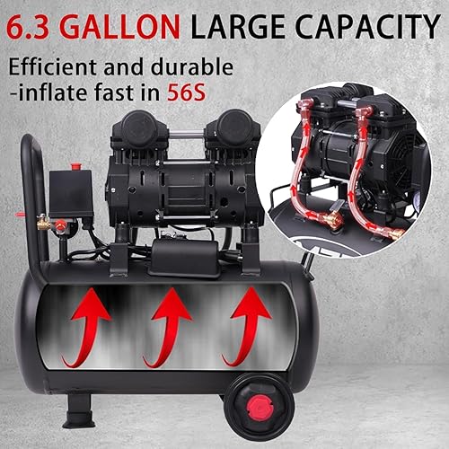 Miniatura 7 de MZB - Compresor de aire ultra silencioso de 6.4 galones, 110 V60 Hz, 1.5 HP 7.41CFM MAX 115 PSI, sin aceite, 70 dB, nivel de ruido, compresor de