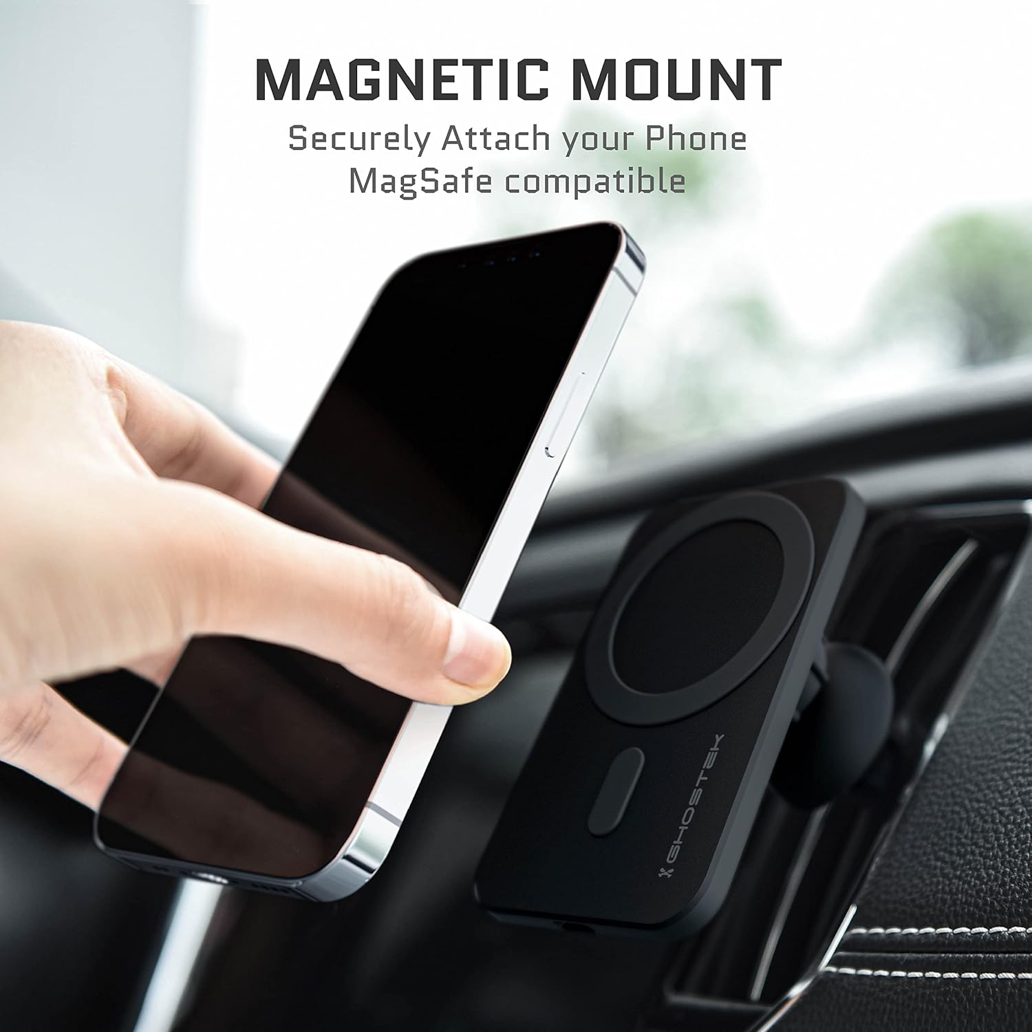Hand attaching an iPhone to the Ghostek NRGmount MagSafe Car Mount Charger.