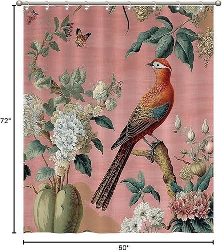 Miniatura 681 de Cortinas de ducha de baño con ganchos, 72 x 92 pulgadas, cortina de ducha de tela impermeable con diseño de flores y pájaros, cortina de ducha