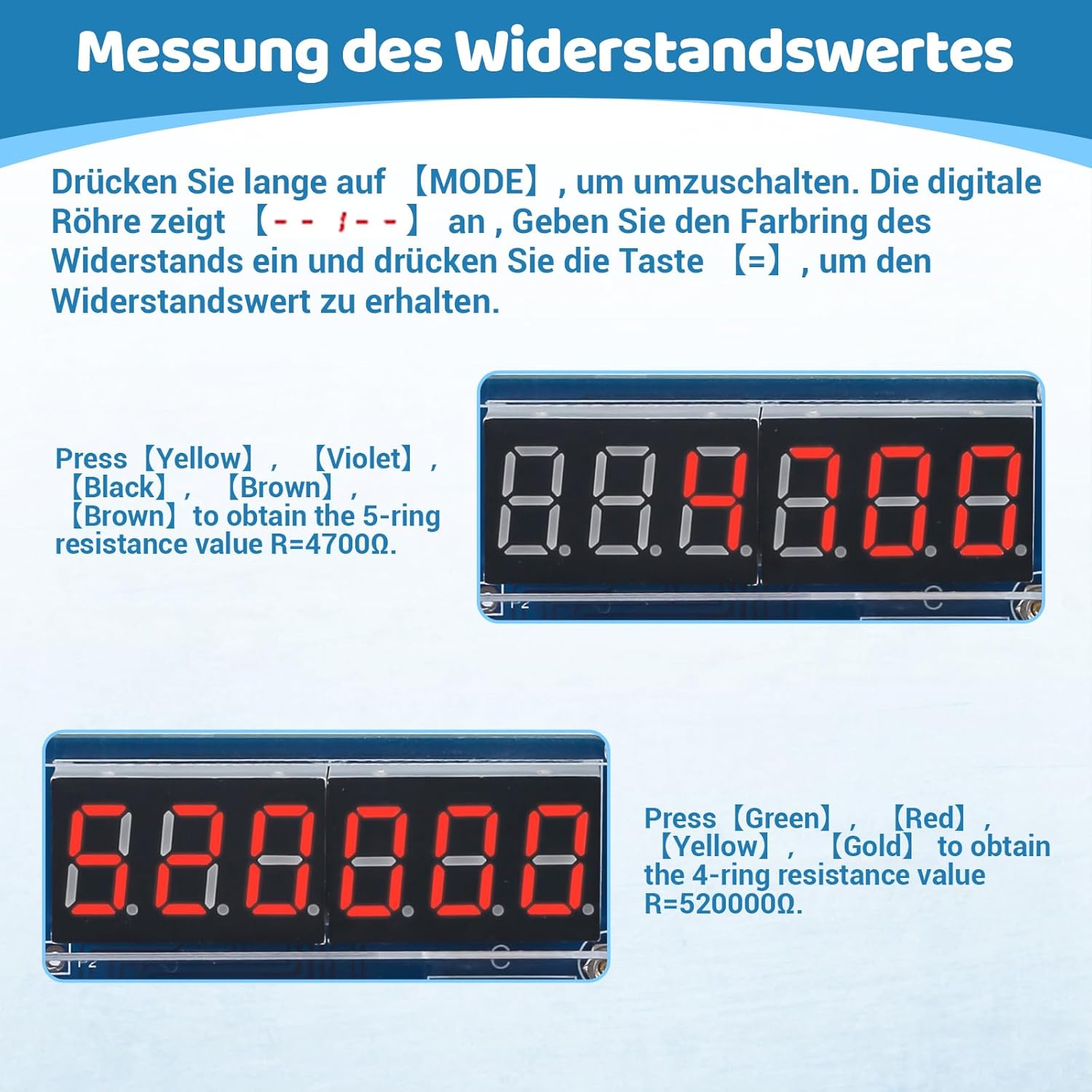 Images showing the calculator display in resistance measurement mode, with examples of inputting color codes (Yellow, Violet, Black, Brown for 4700Ω and Green, Red, Yellow, Gold for 520000Ω) and the resulting resistance values.