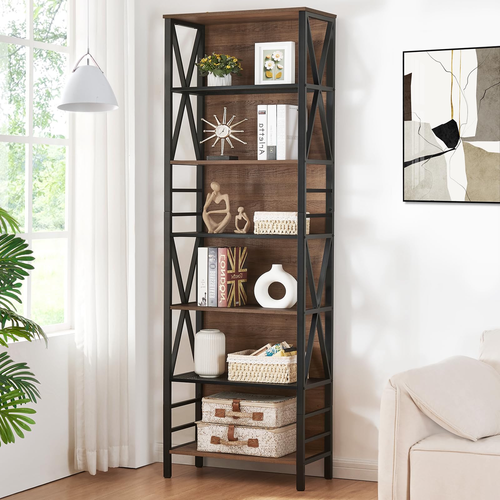 HOMISSUE Bookshelf, 7-Tier Bookshelf, Rustic Wood Metal Bookshelves and Bookcases, Freestanding Open Bookshelf, Industrial Tall Bookcase for Home Office, Living Room and Bedroom, Vintage Brown