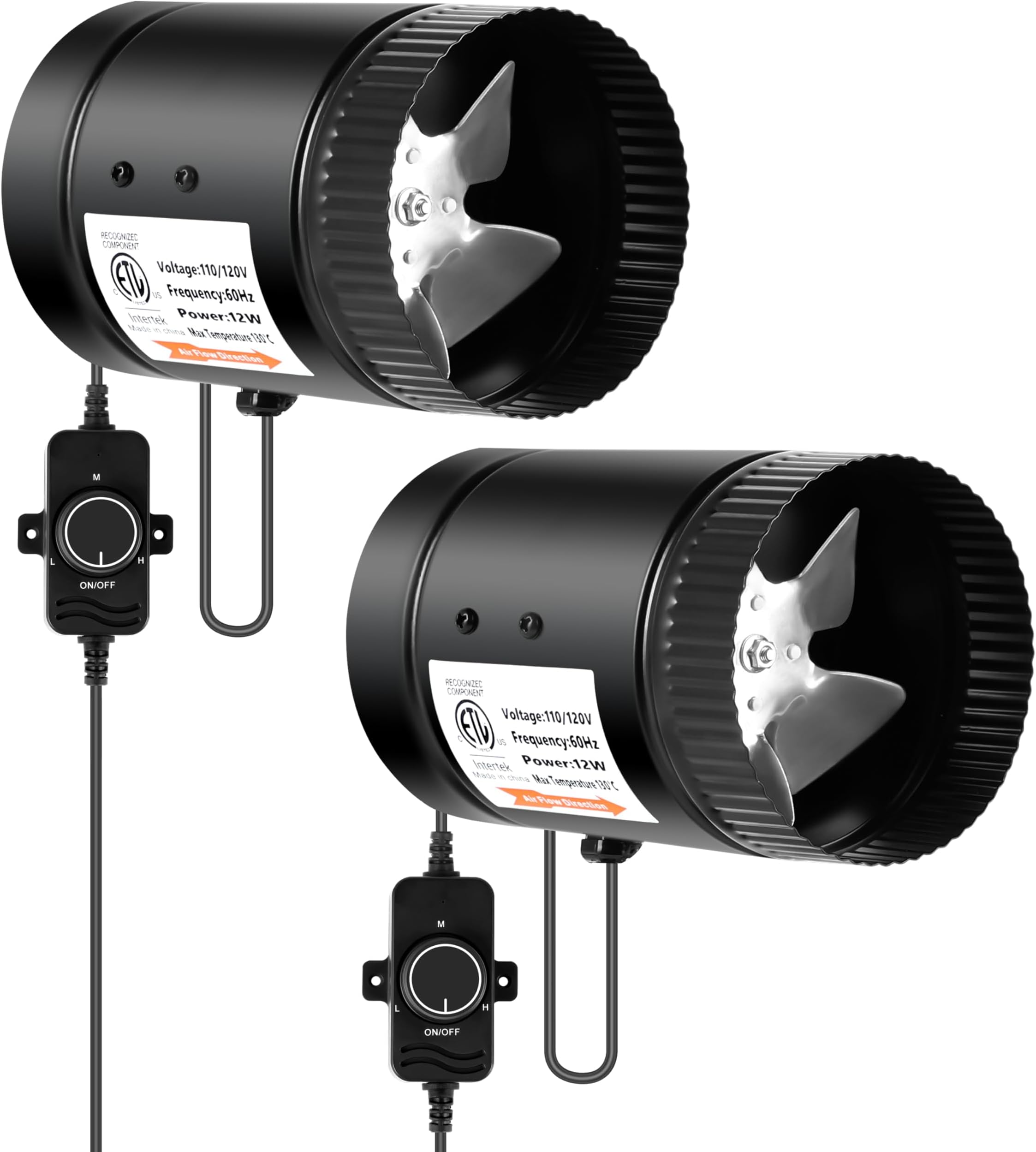 iPower Inline Booster Duct Fan 4'' 106CFM with Speed Controller, Low Noise HVAC Blower for Grow Tent, Basements, Bathrooms and Kitchens, 2 Pack