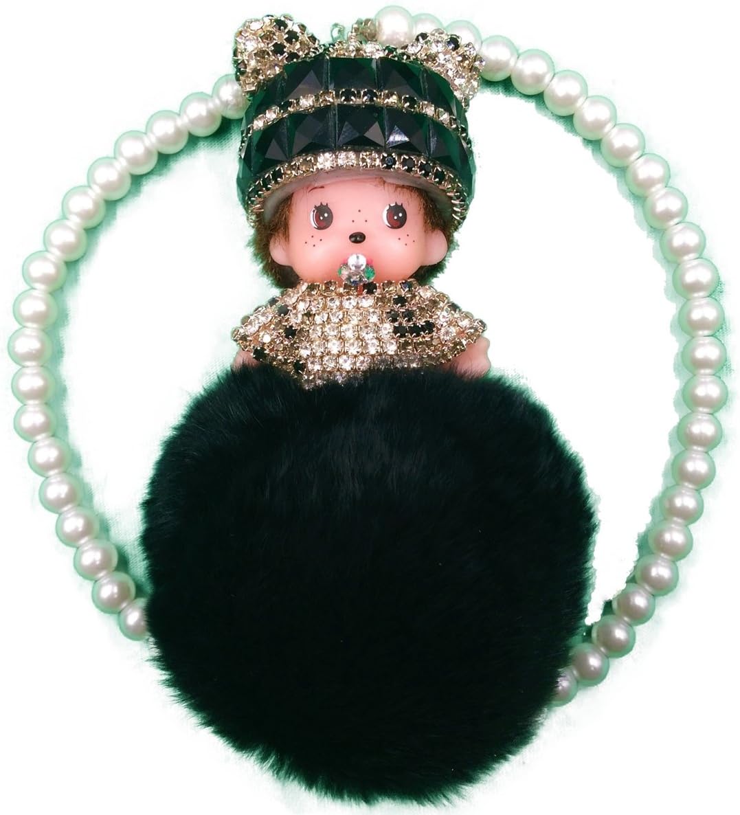 Beautiful Baby My Kiki Monchhichi With Pearl Necklace Rhinestone and Ponpon (Handmade Jewelry Accessory Deco Plush) Choice (Black Ink)