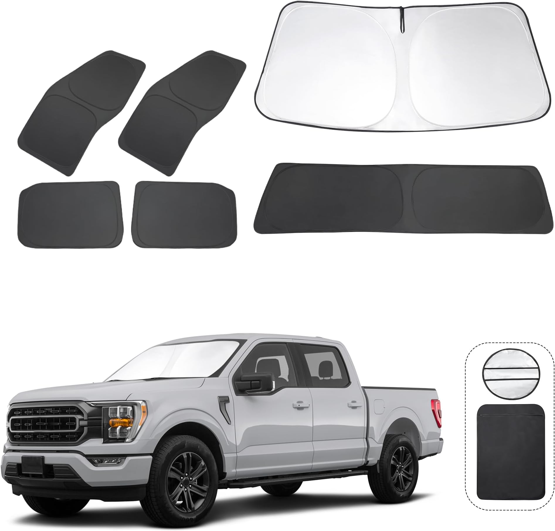 6PCS Windshield Sun Shade Custom Fit 2021-2024 Ford F150 F-150 (Lariat, King Ranch, Platinum, XL XLT Limited Raptor) Accessories Foldable Sunshade Side Rear Window Shade Cover Full Set Keeps Cool