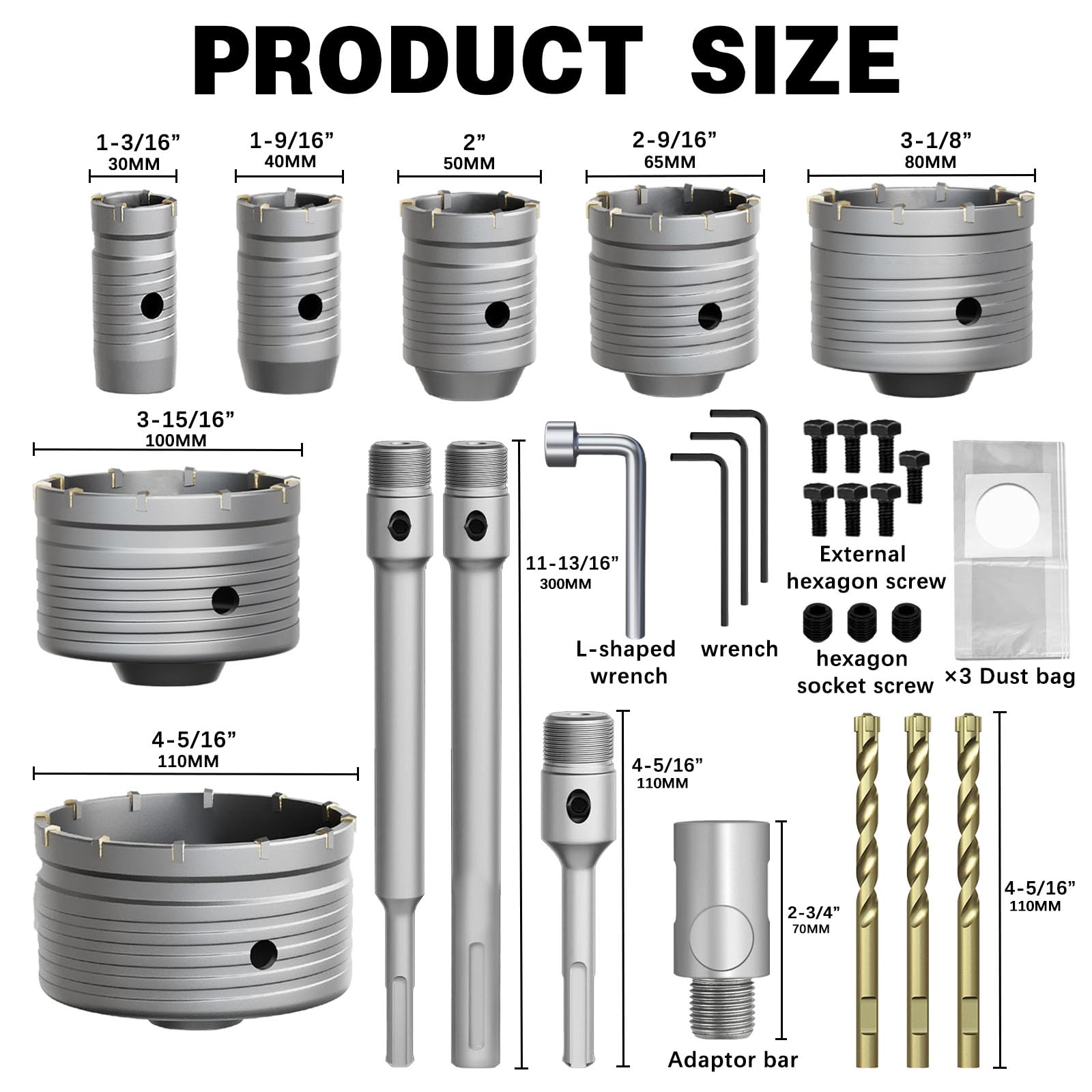 Kit de 17 sierras perforadoras para hormigón, sierra perforadora de mampostería de 30/40/50/65/80/100/110 mm, con juegos de brocas SDS Plus y Max, juego de herramientas de sierra perforadora