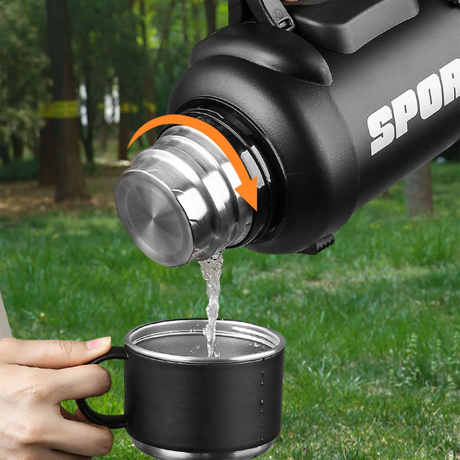 Borraccia termica extra large in acciaio inox con tecnologia di apertura a due vie per un facile accesso e sport all'aria aperta