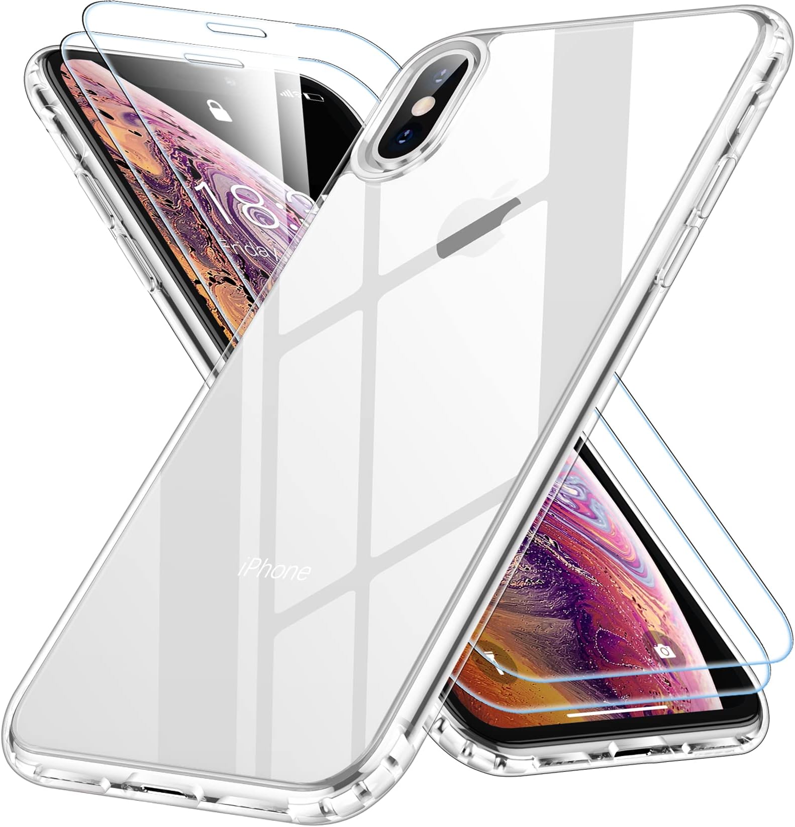 for iPhone Xs Max Case, [Crystal Clear Not Yellowing][with 2 Pcs Tempered Glass Screen Protectors] Slim Thin Case, Clear