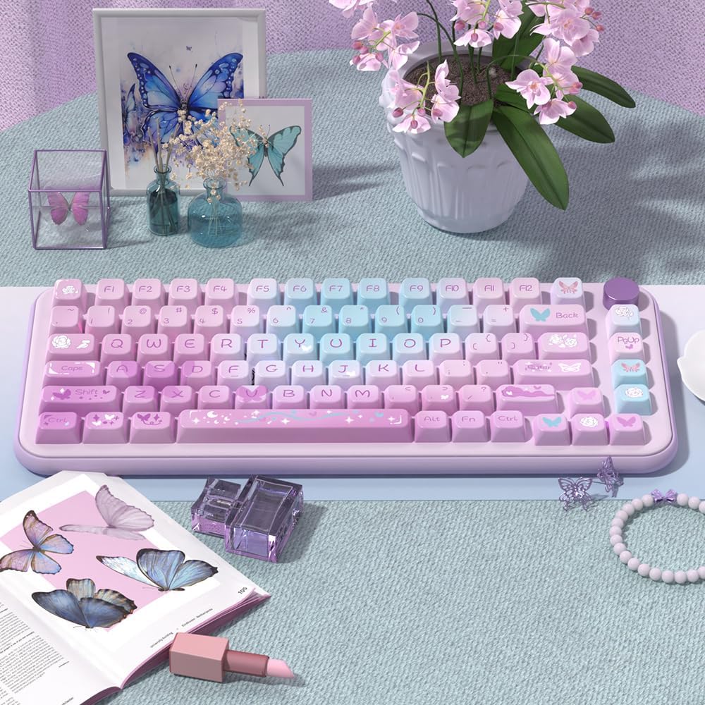 daixiahu Purple Butterfly Theme keycap 158 Keys PBT keycap MDA Custom keycap Set Suitable for 61/87/104/108 Cherry MX Switch and Other Mechanical Keyboards