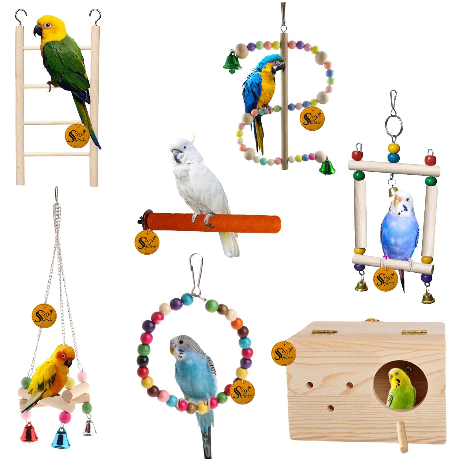 Sage Square Wooden Bird Toys Combo | Ladder, Breeding Box, Sand Perch, Swing, Hanging Cage Accessory | for Budgie, Parrot, Cockatiel, Parakeet, Conure, Macaw etc (B092PM2JT5) Amazon Price History, Amazon Price Tracker