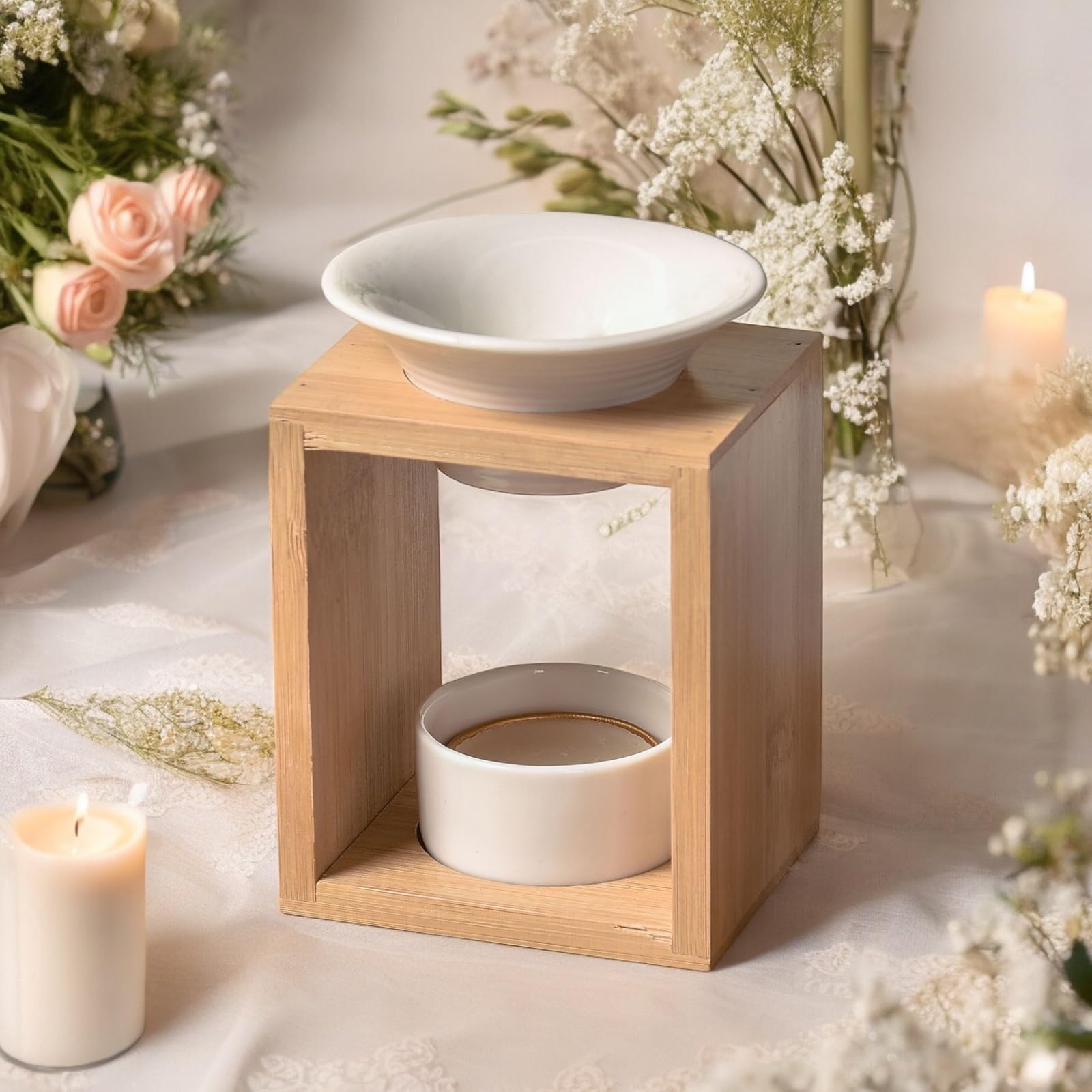 Brûle Perfumy Arina - Zapachowy palnik kremówki woskowej - Dyfuzor olejków eterycznych i zapachów atmosfery - świecznik do aromaterapii z drewna i ceramiki dekoracyjnej - wysokość: 12 cm - Zen'Arôme