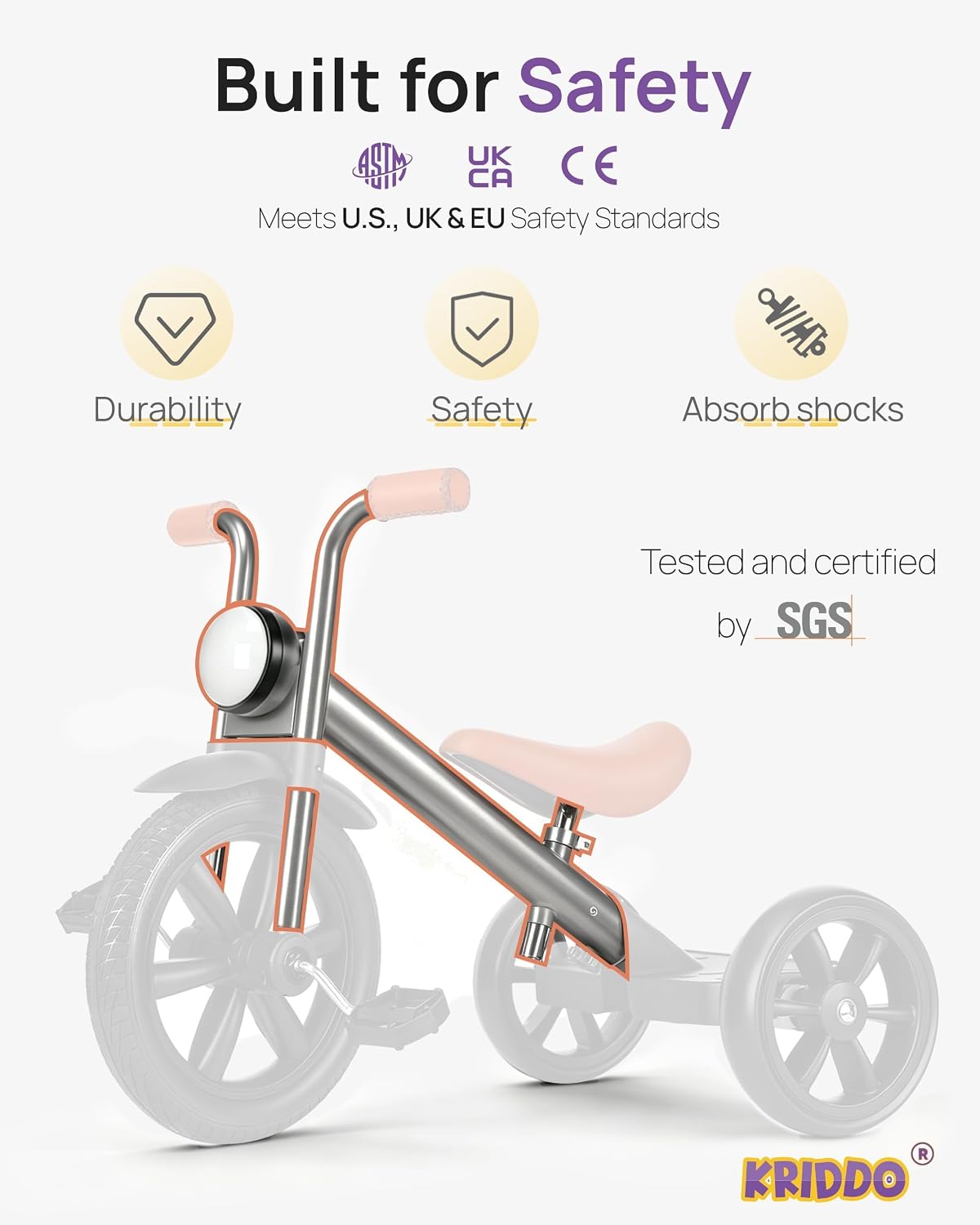 KRIDDO Tricycle for Toddlers 2-5 Years: Light up Frame, Rubber Front Wheel | Adjustable Seat, Easy-to-Assemble Toddler Tricycles 2-4 Years, Tricycle for 3-5 Years Old, Gift for 2-5 Year Olds