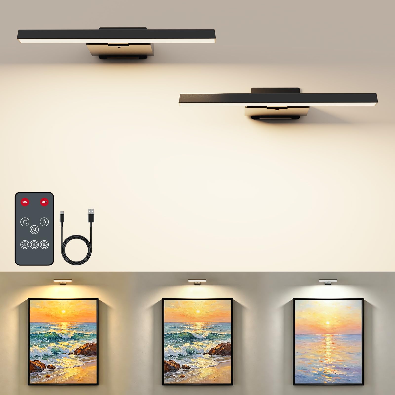 Coollamp Bildbeleuchtung Kabellos, Akku Wandleuchte Innen, Dimmbare Wandleuchte für Gemälde, Bilder & Dart Beleuchtung, LED Wandlampe mit 3 Farbtemperaturen, CRI 95+, Fernbedienung mit Timer, Schwarz