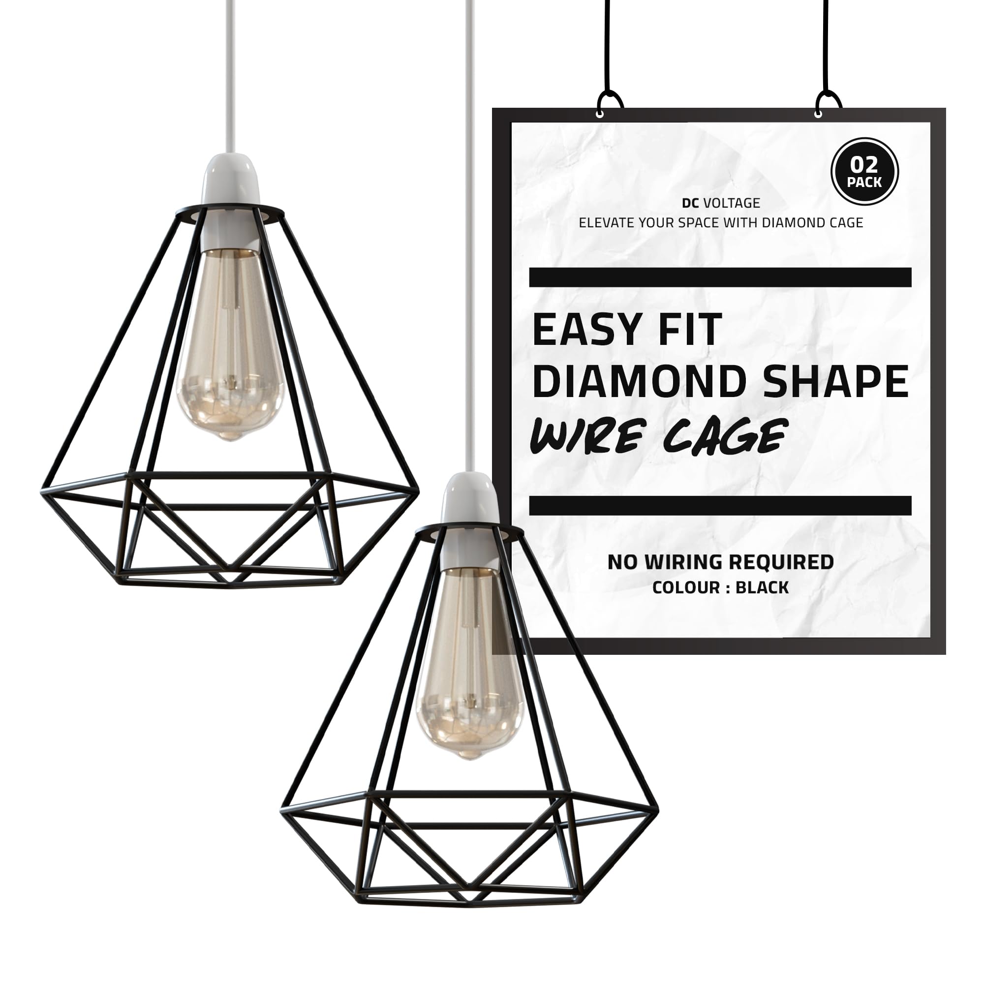 DC VOLTAGE 2 Pack Black Ceiling Light Wire Basket Metal Basket Pendant Lighting Ceiling Light Shade,Black Pendant Light Industrial Style Light for Indoor Kitchen Islands Living Room