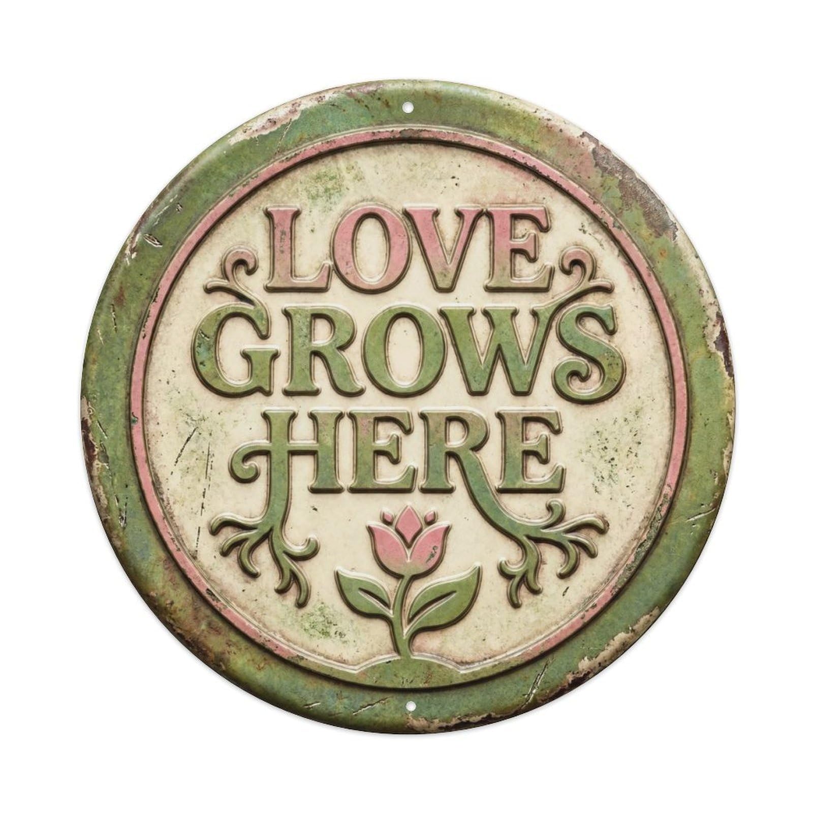 Cmhok Vintage Style Love Grows Here Vintage Bedroom Accessory Retro Slogans Metal Tin Sign Plaque Wall Decor For Cafe, Club, Garden Round Metal Poster 8X8inch