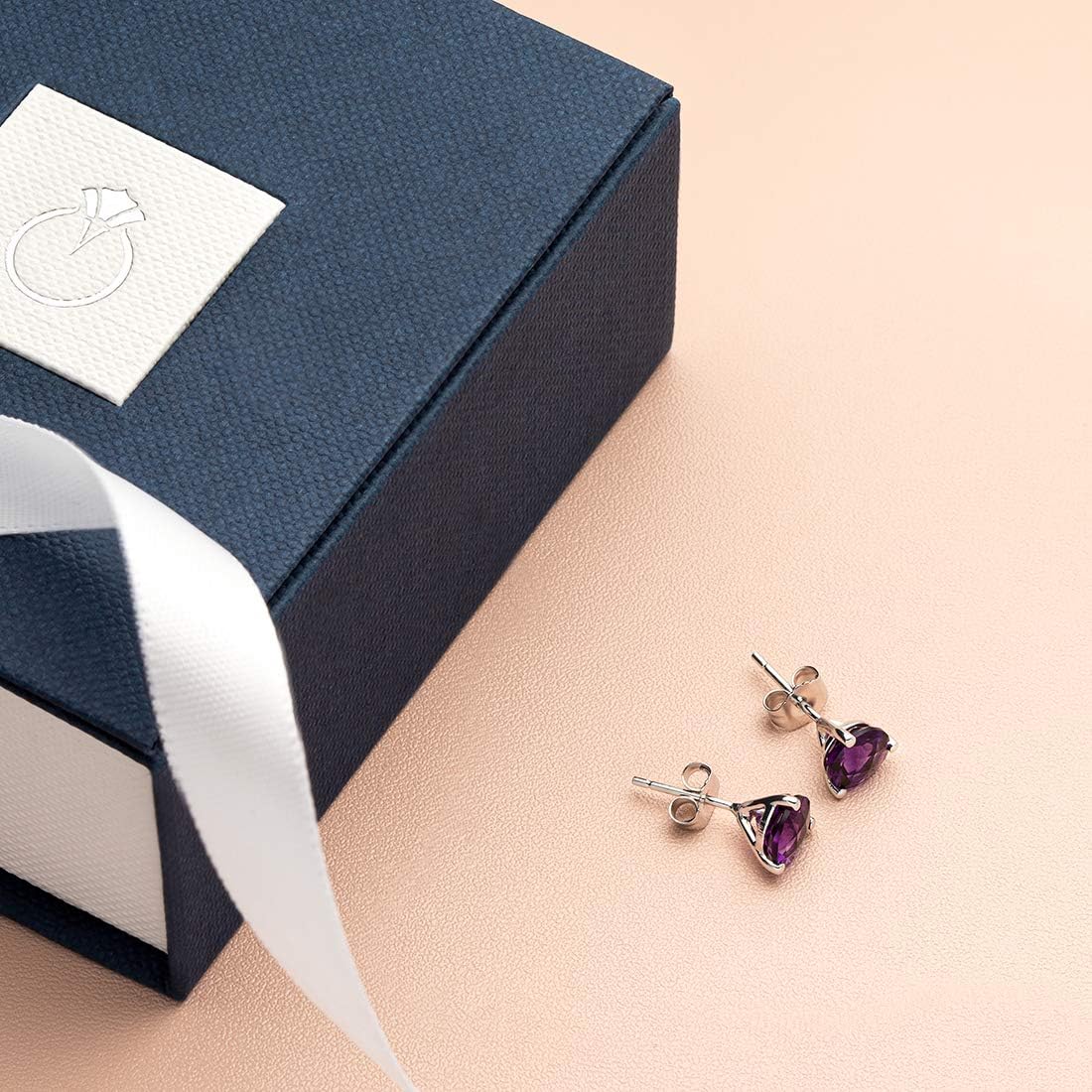 Peora Solid 14K White Gold Amethyst Earrings for Women, Martini Stud Solitaire, Hypoallergenic 1.50 Carat total, Round Shape 6mm, AAA Grade, February Birthstone, Friction Back, Purple Earrings,