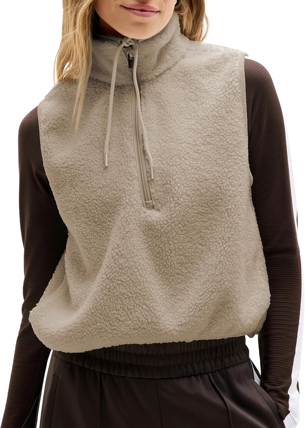 Songling Womens Fuzzy Fleece Vest High Neck Cropped Half Zip Up Warm Sherpa Vest Drawstring Pullover with Pockets