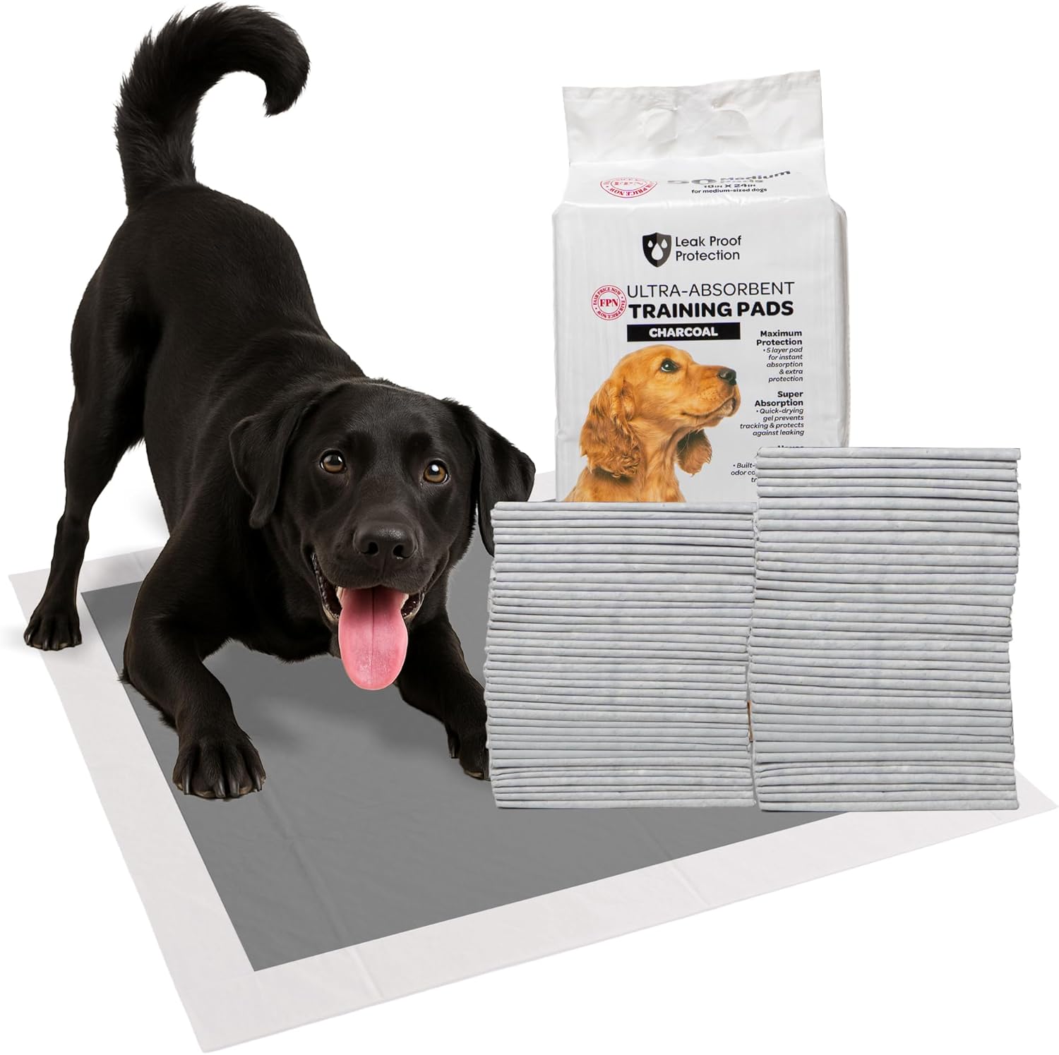 FPN Charcoal Puppy Pads 24"x24" Pack of 40, Odor-Control Super Absorbent 5-Layer Leak-Proof Disposable Pee Pad for Dogs, Cats & Rabbits, Ideal for All Pets