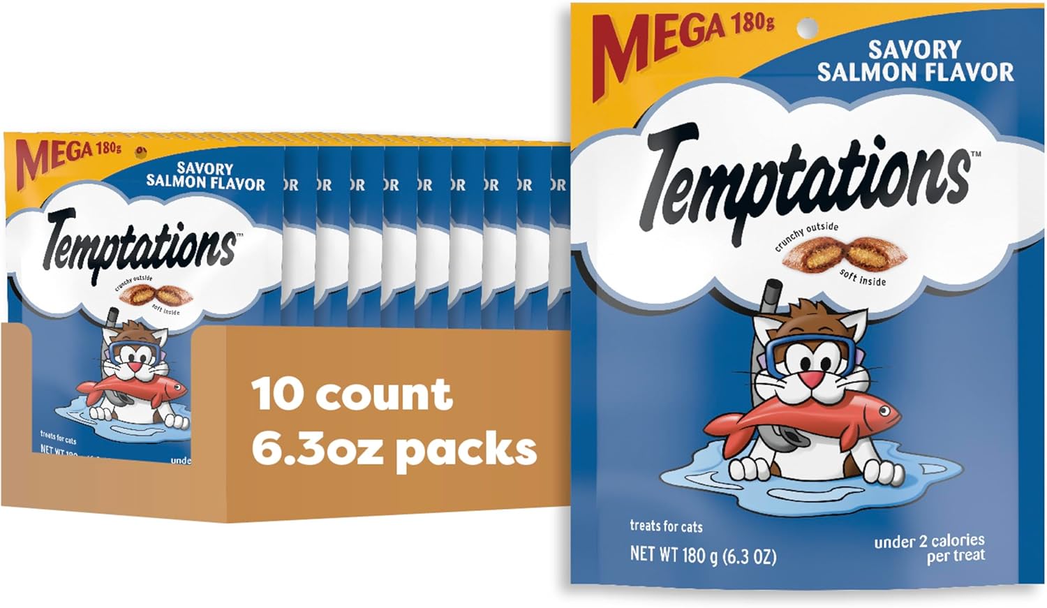 Temptations Cat Treats Classic Crunchy and Soft Cat Treats, Savory Salmon Flavor, 6.3 oz. Pouch (Pack of 10)