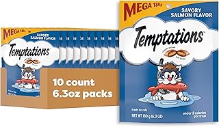 Temptations Cat Treats Classic Crunchy and Soft Cat Treats, Savory Salmon Flavor, 6.3 oz. Pouch (Pack of 10)