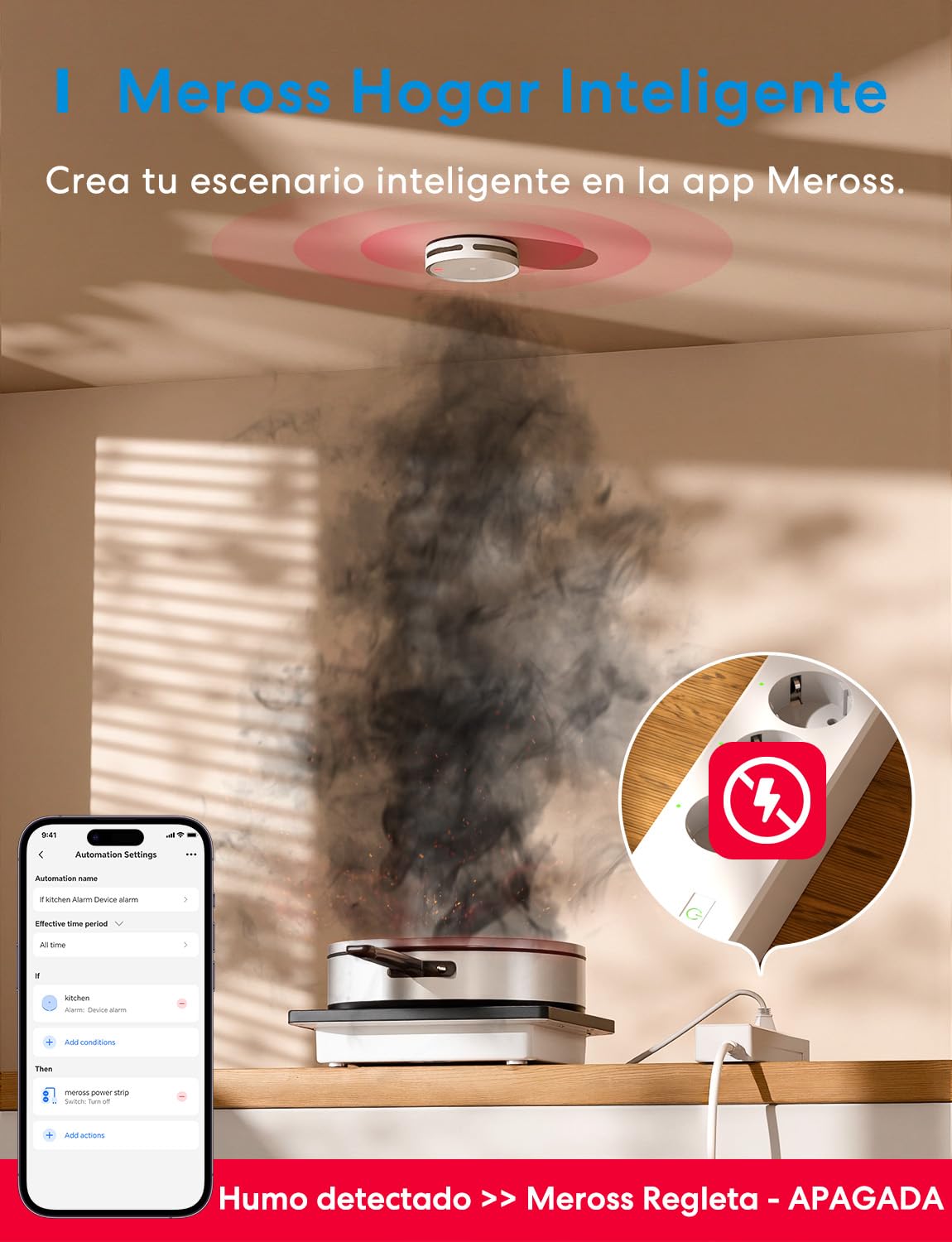 Meross Smart Detector De Humo Conectado, Alarma De Incendios WiFi con Doble Sensor Óptico, Alarma De Fuego con Notificación App, Detector De Humos, 33 mm, Hub Requerido, 1 Unidad