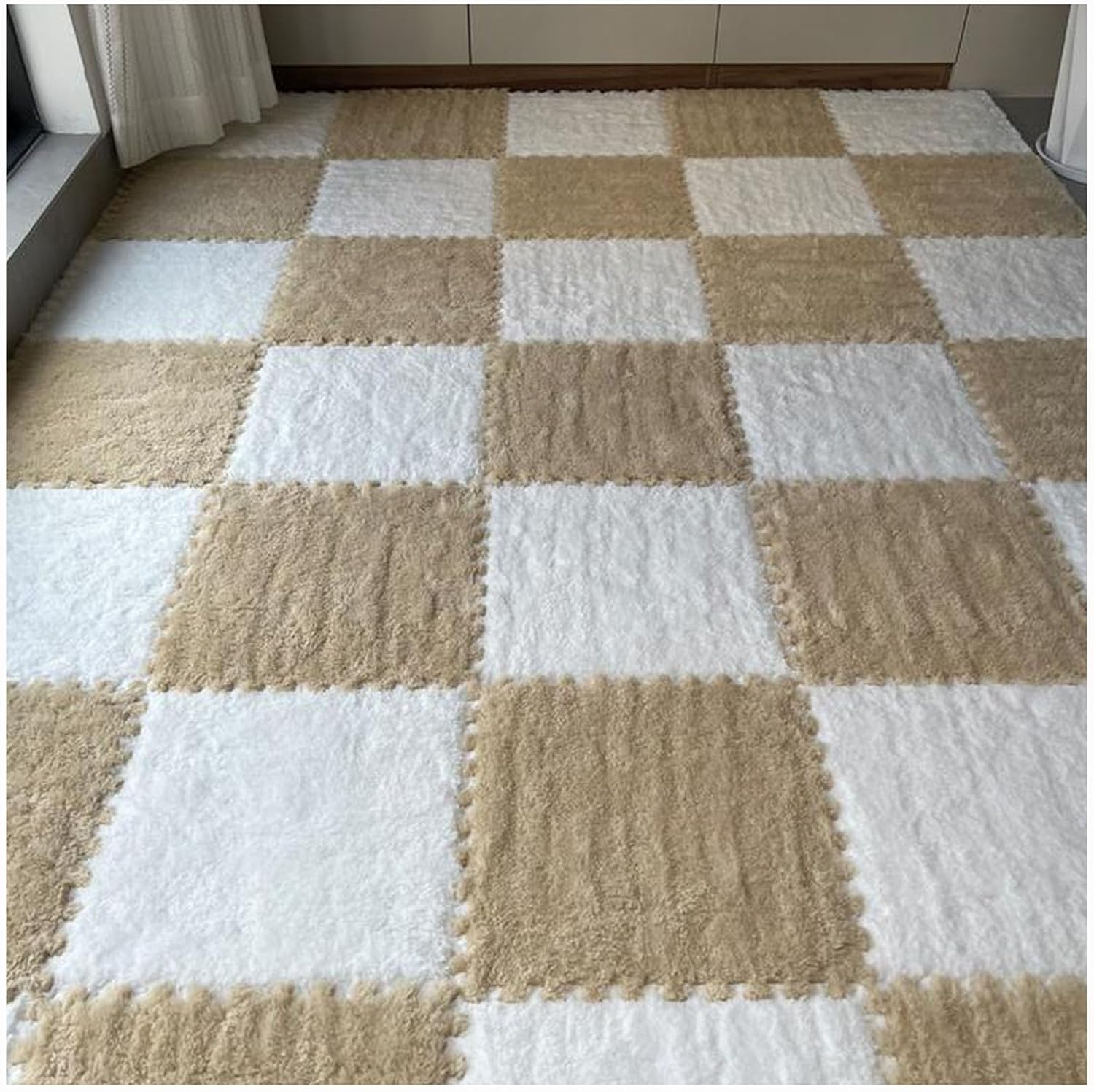 LoiYtrd Interlocking Carpet Tiles Soft EVA Foam Mats 10pcs 30x30x1cm Thickend Plush Puzzle Play Mat(White+Apricot)