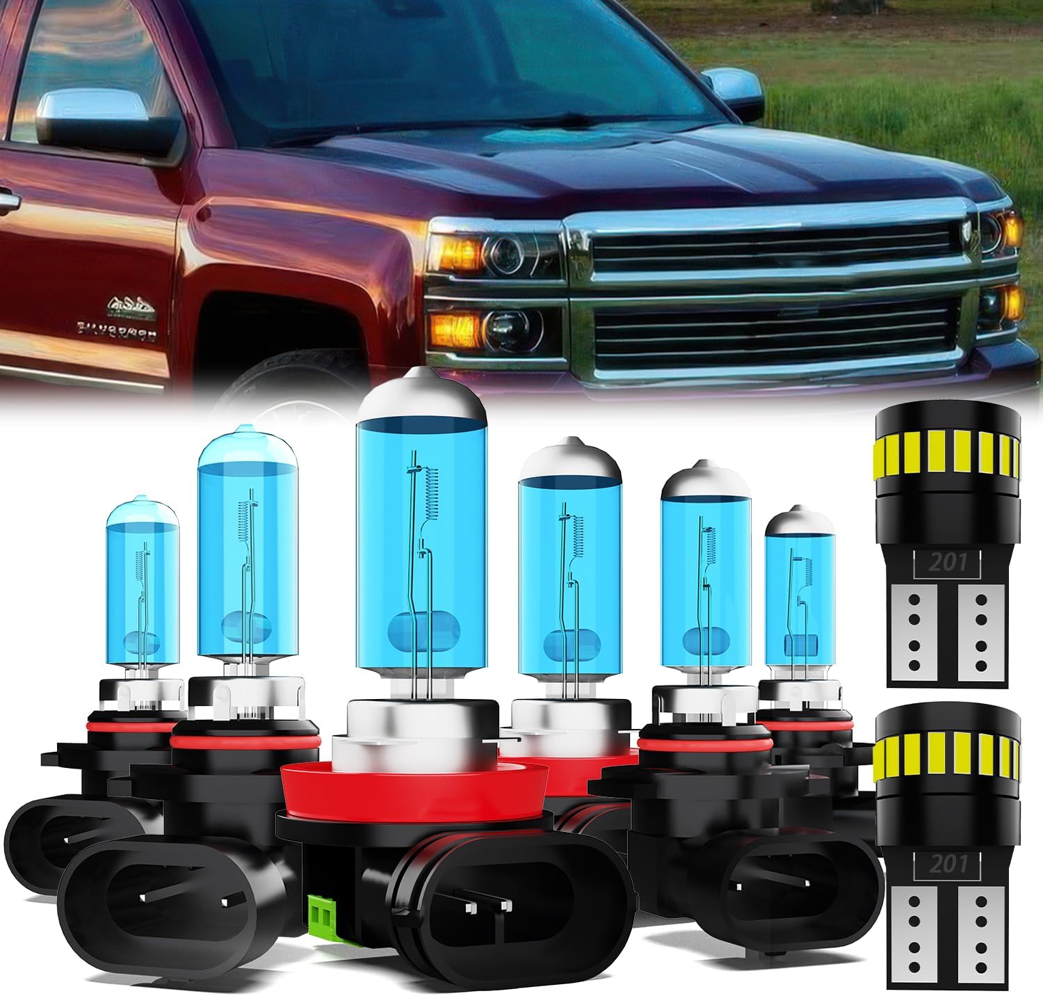 Headlight Bulbs License Plate Lights Fit For Chevrolet Silverado 2500 1999-2002, 9005 High Beam + 9006 Low Beam + 880 Fog Lights Halogen Light Bulb + License Plate Lights, Pack of 8