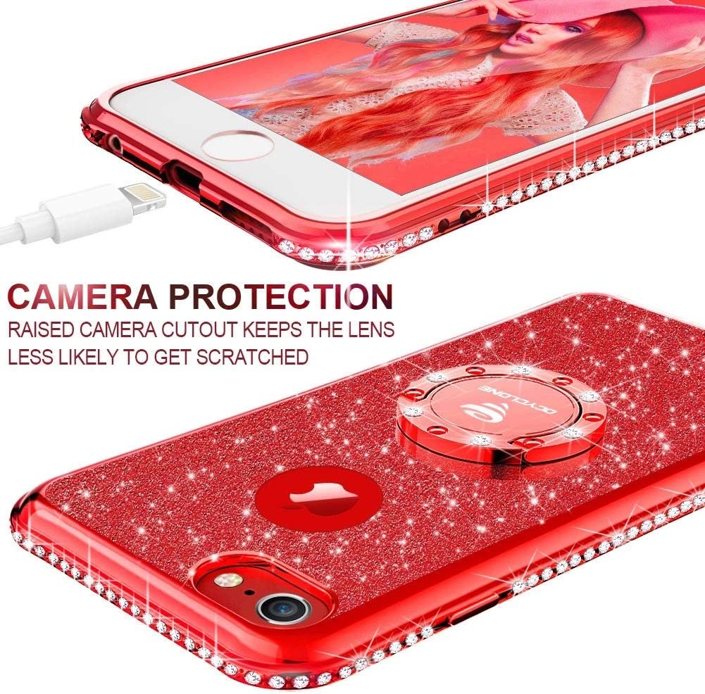 Cute iPhone 6s Plus Case, Cute iPhone 6 Plus Case, Glitter Luxury Bling Diamond Rhinestone Bumper with Ring Grip Kickstand Protective Thin Girly Red iPhone 6s Plus/ 6 Plus Case for Women Girl - Red