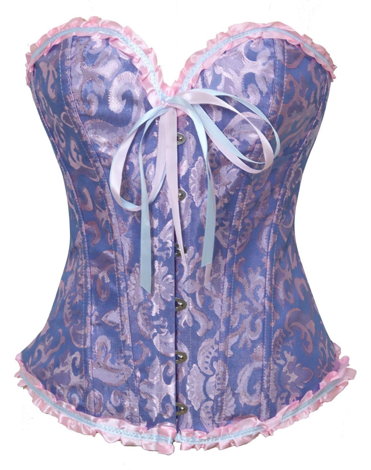Women's Overbust Lace-Up Corset | Satin Floral Boned Bustier Lingerie & Bodyshaper Top | Light Blue | 2XL-image-32
